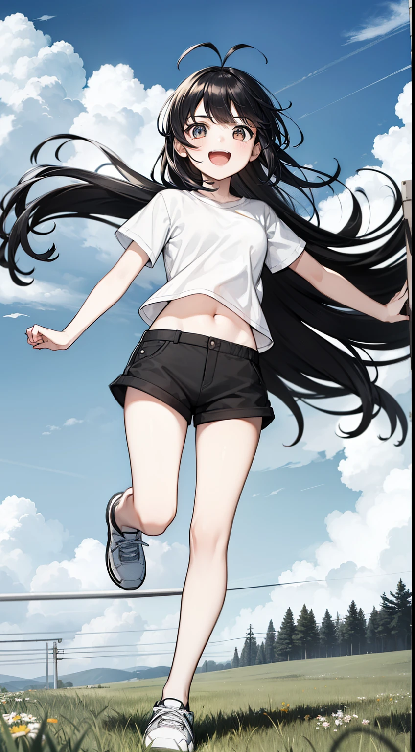 1girl,10s years,solo,smile,blush,black eyes,black hair,long hair,(((hair 2antennas))),white shirt,short sleeves,white shorts,running,full body,open mouth,grass,blue sky,clouds