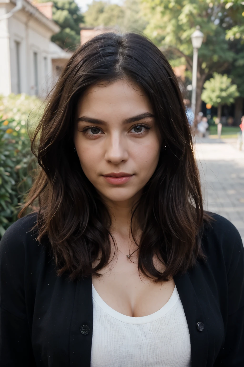 face of a 28 year old girl, palida, beautiful little girl, Amazing face, grandes ojos impresionantes, , ultra realista, Ultra detallado, Canon R5, Renderizado de octanaje, 8k, , flirting with the camera, sin mirar a camara, volteando hacia la izquierda, cara seria, Cabello negro, Maquillaje fuerte, deliniado linea de ojo, , ((dynamic pose))), ((pose))), sudadera negra,, profesional, exterior((parque)), mini falda negra, lejos de camara