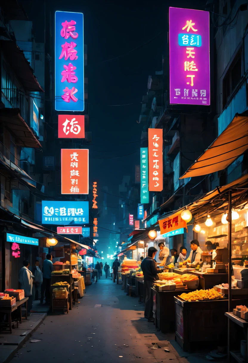 city night scene,the street,vendor,Small commodities,neonlight,advertising billboard,Stray cats,