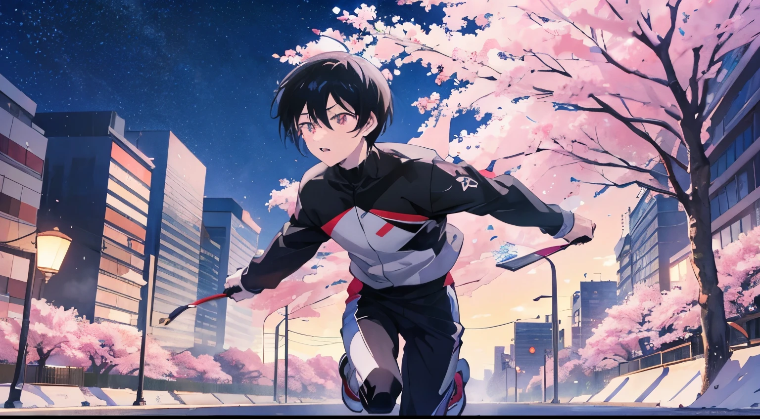 A dynamic manga scene featuring a spirited young boy running through an urban setting, wind tousling his hair, surrounded by vibrant cherry blossoms in full bloom, city lights shimmering in the background, capturing the boy's energy and determination, Illustration, watercolor on textured paper, --ar 16:9 --v 5