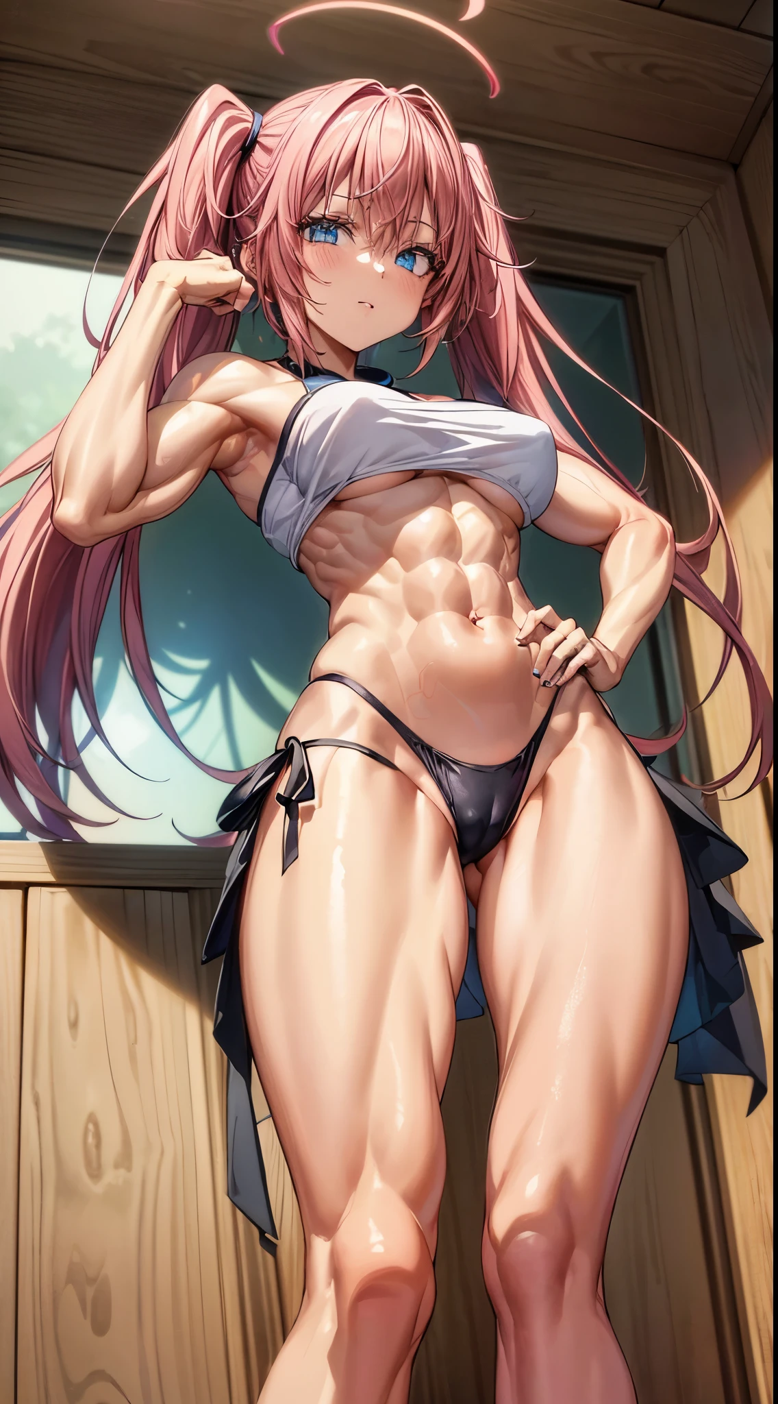 1 girl, medium breasts, wearing a short bikini, (long pink hair), (((blue eyes))), thin arms, (in the motel room), (thin waist), (((muscular legs))), belly muscular woman, wearing red high heel shoes, (((standing))), (twintais), Long Eyes, happy, eye reflection, anime, anime style, ray tracing, reflection, drop shadow, panorama, Sony FE, 8k, UDisk, Masterpiece, Accurate, Anatomically Correct, Super Detail, Best Quality, Ultra-High Resolution, Hard Disk, 16k