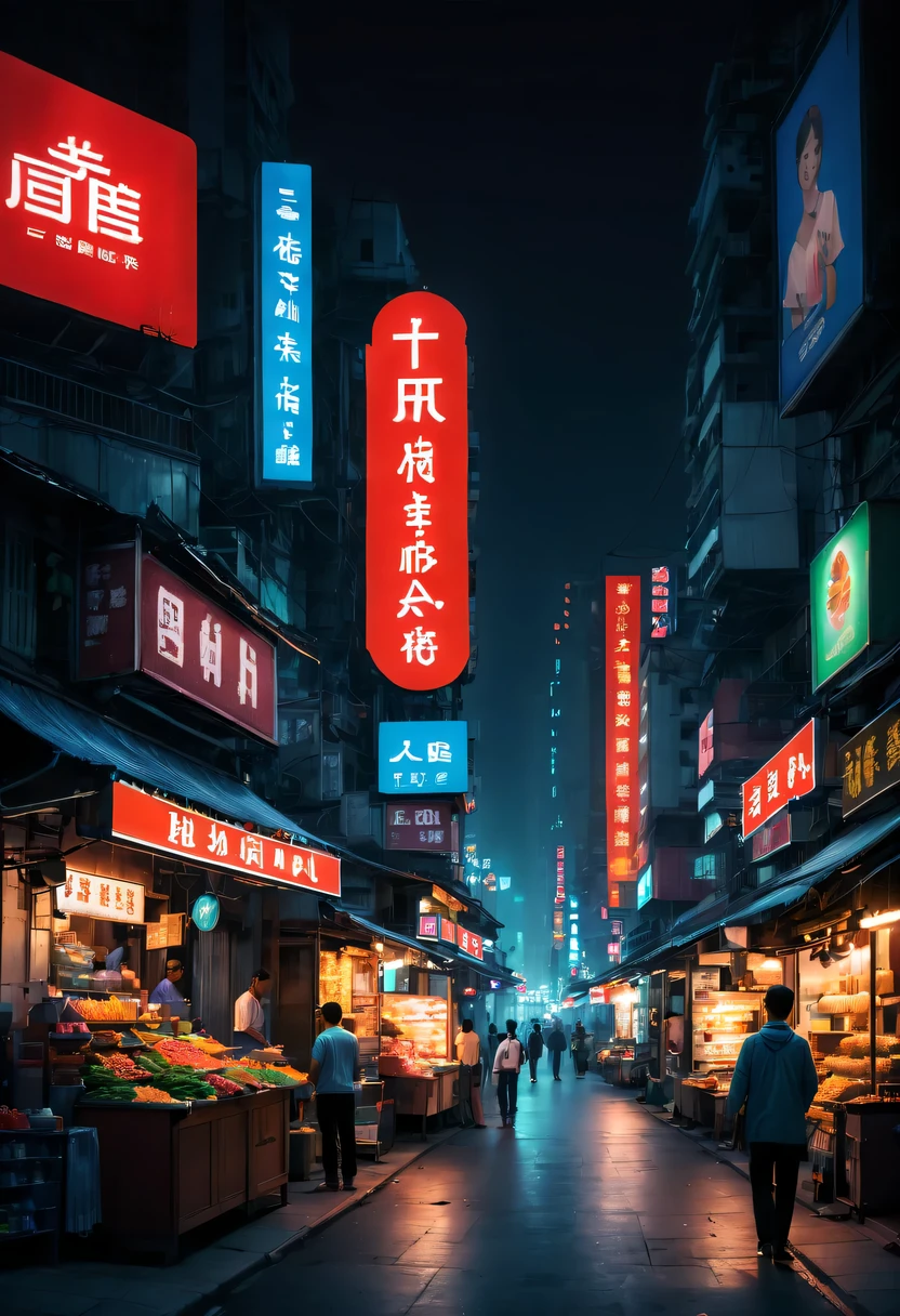 city night scene,the street,vendor,Small commodities,neonlight,advertising billboard,