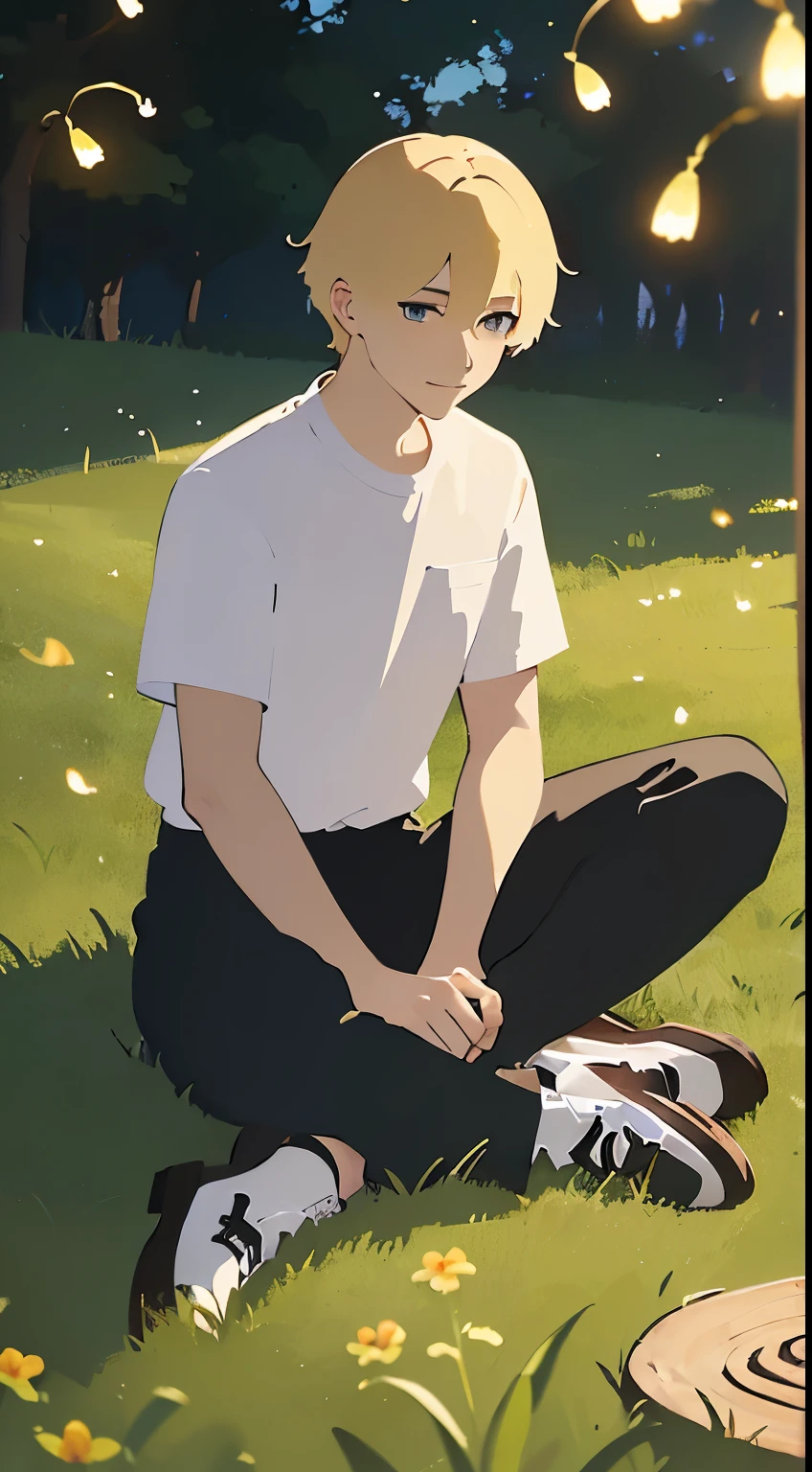 A young guy with blond hair in a loose shirt and trousers sits cross-legged in the grass, head raised up;, A slight smile, Fireflies, Shining stars, night sky, detailing, 4k, hd, view from the grass, view from bottom