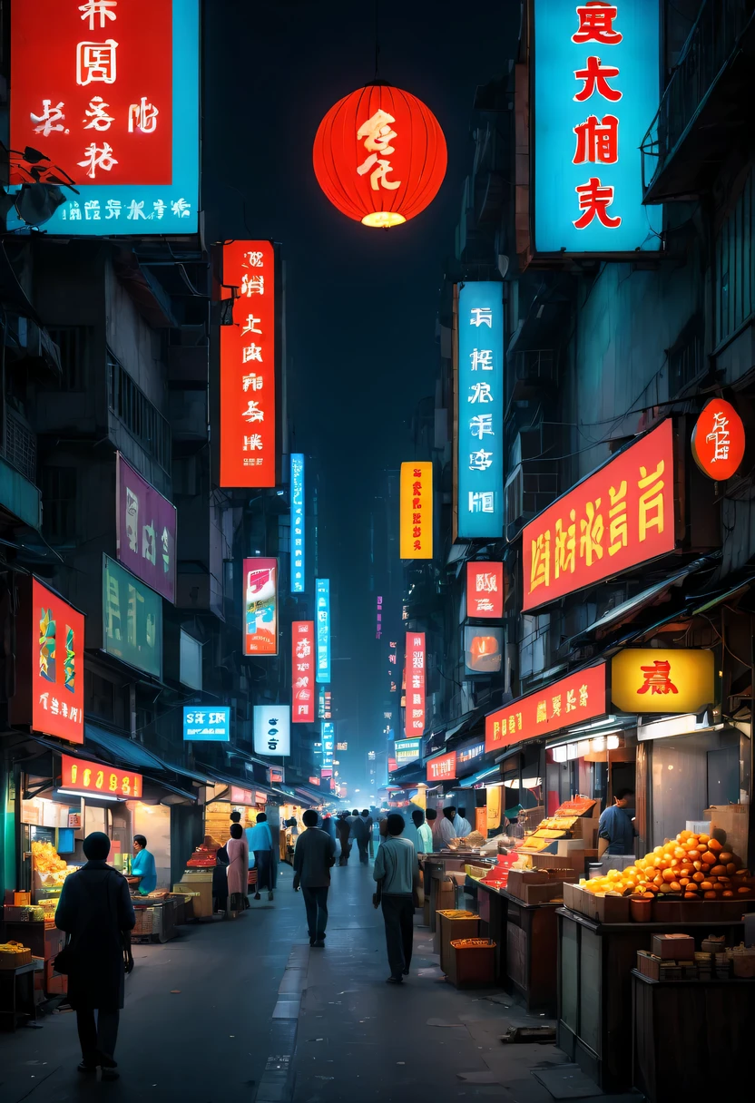 city night scene，the street，vendor，Small commodities，neonlight，advertising billboard，