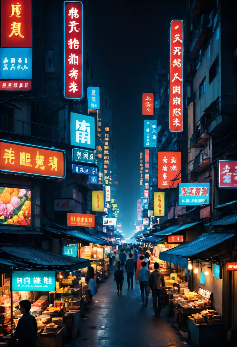 city night scene,the street,vendor,Small commodities,neonlight,advertising billboard,