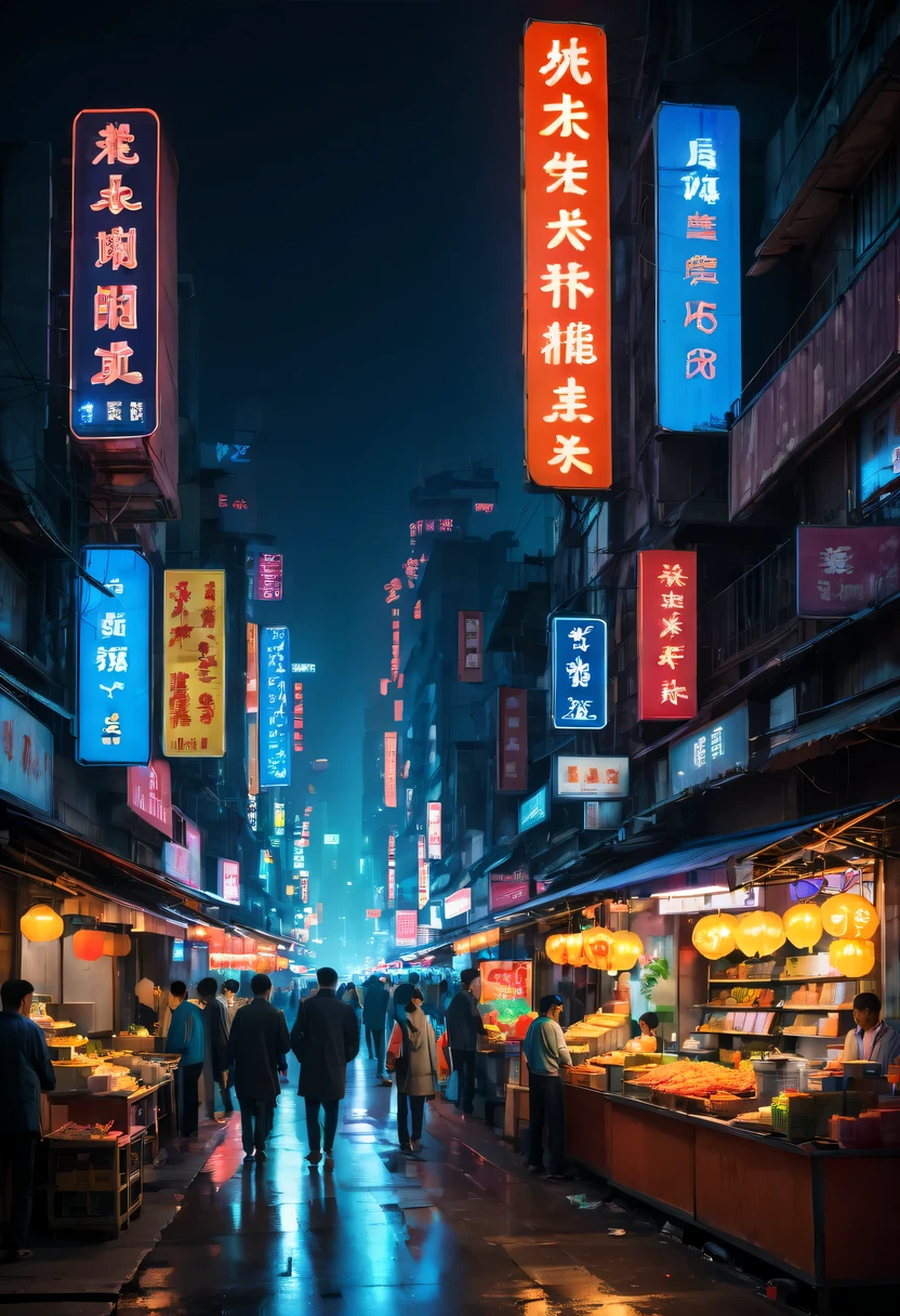 city night scene,the street,vendor,Small commodities,neonlight,advertising billboard,