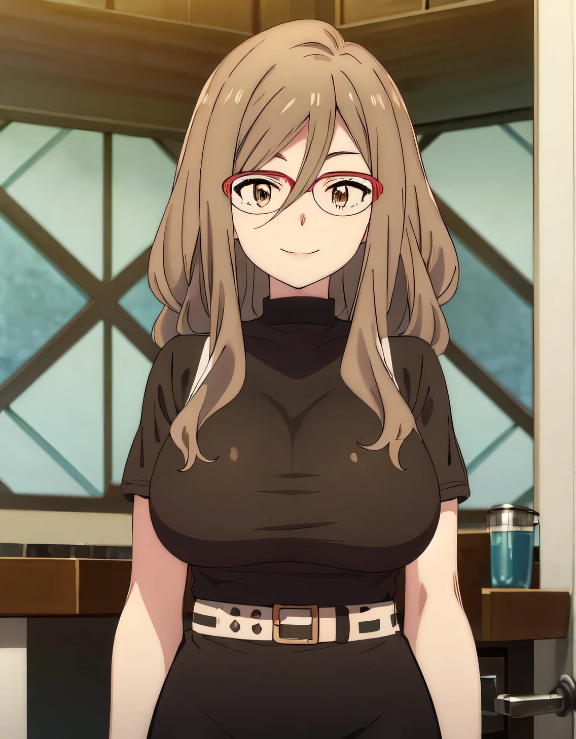 Nakahara Rishi,absurderes,Perfect Anatomy,Nakahara Mitsuki,Long hair,Red-framed eyewear,Black shirt,Tight skirt,Smile,office room,(Large breasts:1.5),Looking at Viewer,(((masutepiece))),((Best Quality)),Perfect Anatomy,8K UHD,extra detailed face,gloss and shiny,((1girl in)),((Solo)),(Beautiful detailed eyes:1.5),image perfect,(Upper body:1.1),(Look at the front:1.1),arms behind back,Slim waist,Shiny hair,Standing