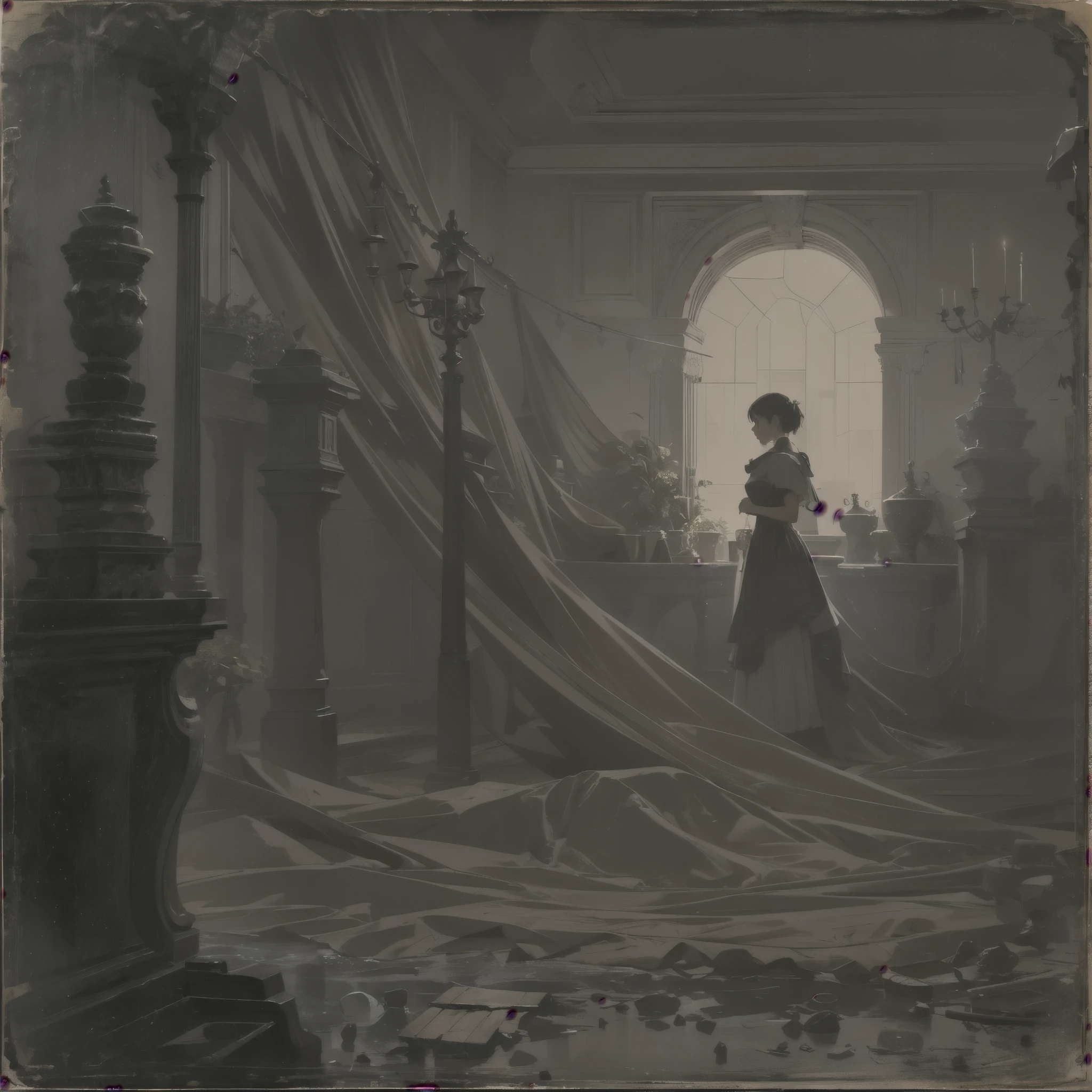 Base Layer: A chiaroscuro landscape where light and darkness battle, reminiscent of German Expressionist scenes, BREAK Middle Layer: A girl characterized by light, her features and attire radiating purity, stands opposite another girl enshrouded in shadows, BREAK Foreground Layer: Objects that symbolize conflict and duality, such as contrasting motifs and symbols, are scattered around them, BREAK Effect Layer: The play of light on one girl's face and the engulfing shadows on the other highlight their inner struggle, BREAK Final Touches: The scene is imbued with an atmospheric tension, with each element contributing to the narrative of light versus dark.
