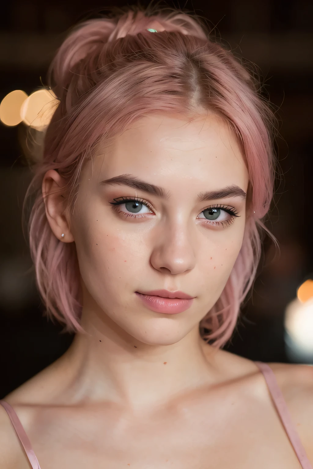 ((best quality)), ((masterpiece)), (detailed), realistic portrait photo of a beautiful 18 years old girl with pink hair, hair roots slightly faded, russian, light blue eyes, light freckles, no makeup, instagram, beautiful skinny body, marked cheekbones