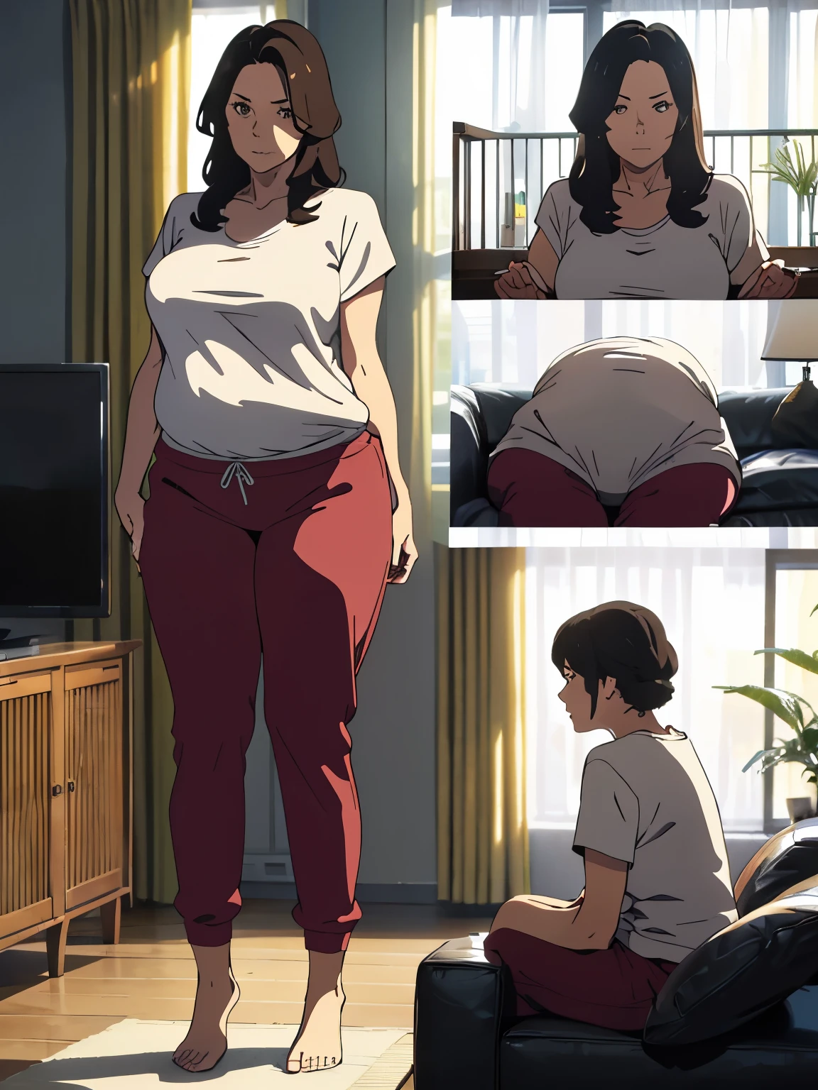 ((Best Quality,4K,8K,masutepiece)), 1woman,T-shirt, sweat pants, room slipper, sofa, A woman is sitting on the sofa and watching TV, (CharacterDesignSheet:1.3, Same character, front, Side, Back,Various expressions) , (multiple views), from below, (Anime style:1.3), (hyperdetailed body), (hyperdetailed Face), (Narrow eyes), (((tareme))), (((Mother:1.3))), (Mature Woman),(woman, 50 years old), (Large breasts:1.1), (Large buttocks:1.2), sagging breasts, droopy chest, Swaying breasts, bouncing breasts, Natural wrinkles, wrinkled Face, (Plump body:1.3), Chubby, Voluptuous, Dark hair, medium bob hair, Forehead, long Face, night, living room, Moody lighting, Japanese anime, (full body:1.3),