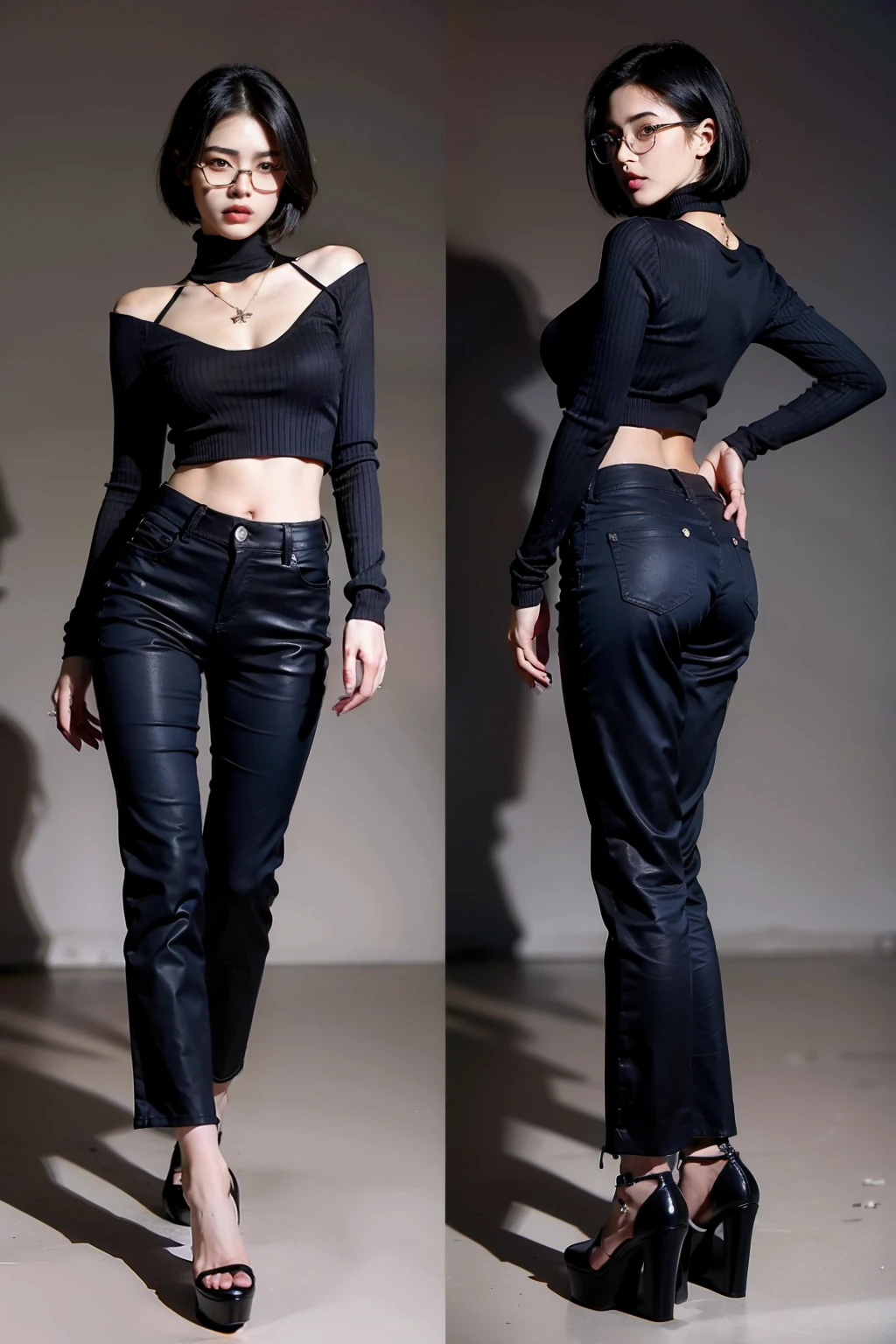 Black short-haired woman with dull hair on wolf tail， Wear a black turtleneck sweater，The pants are dark blue wide-leg pantlack platform shoes，The cross on the necklace is worn backwards and she has a very good figure. She has a spider tattoo on her waist and her breasts are about B cup.，There are black-rimmed glasses，Reference full-time hunter Xiaodi Murasaki