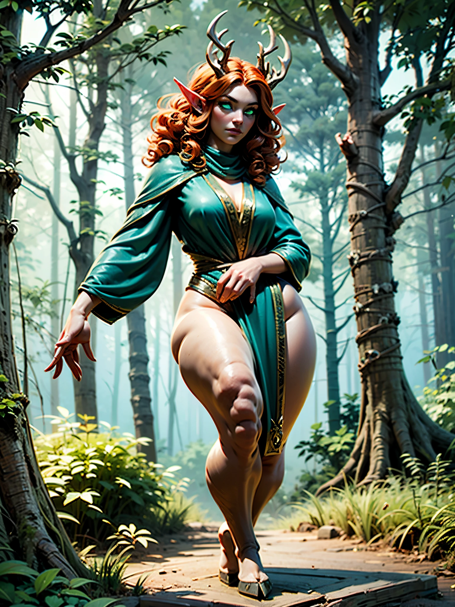 masterpiece, highly-detailed, hyper realistic, full-body shot of a small beautiful druid female on a tree in the middle of the forest, perfect face features, thin deer-like nose, thick kissable parted lips, expressive (glowing green eyes) with sad look, pointy ears, curly ginger hair, stag horns, perfect (small size) body shape (curvy and fit), (hooved feet), Deer-like feet.