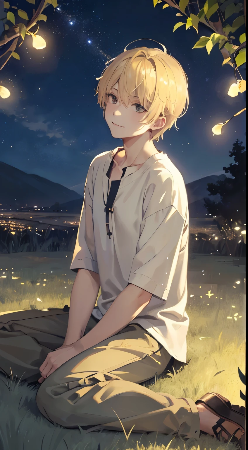 A young guy with blond hair in a loose shirt and trousers sits cross-legged in the grass, head raised up;, A slight smile, Fireflies, Shining stars, night sky, detailing, 4k, hd, view from the grass, view from bottom