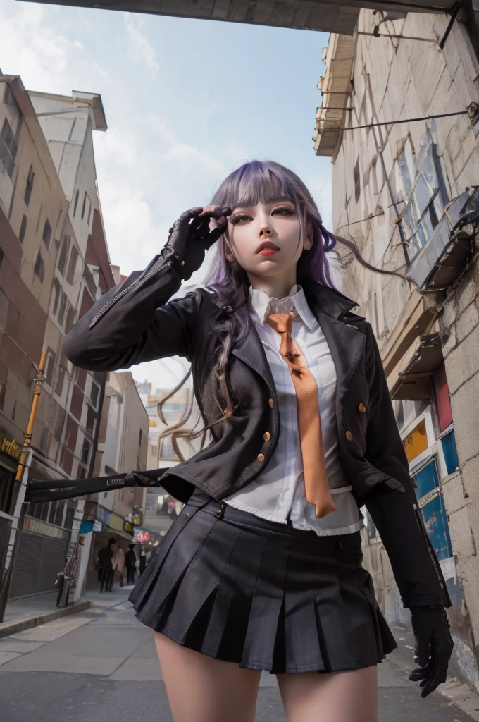 photo realistic, masterpiece, realistic, high contrast, hyper detailed, best quality, ultra high res, photo realistic, high resolution, detailed, raw photo, kirigiri kyoko, Long hair, Purple hair, Side braid, Blunt bangs, Hair Ribbon, a black ribbon, High collar, Brown tie, black motorcycle jacket, Long sleeves, Black Gloves, Black mini skirt, Pleated skirt, Black long boots, Full Shot, Danganronpa \(Series\), Street, Full Shot, Looking at Viewer, White shirt, woman, (((from below))), busy city, foreshortening, (seductive pose), looking at viewer, mad, (eye contact), japanese girl,