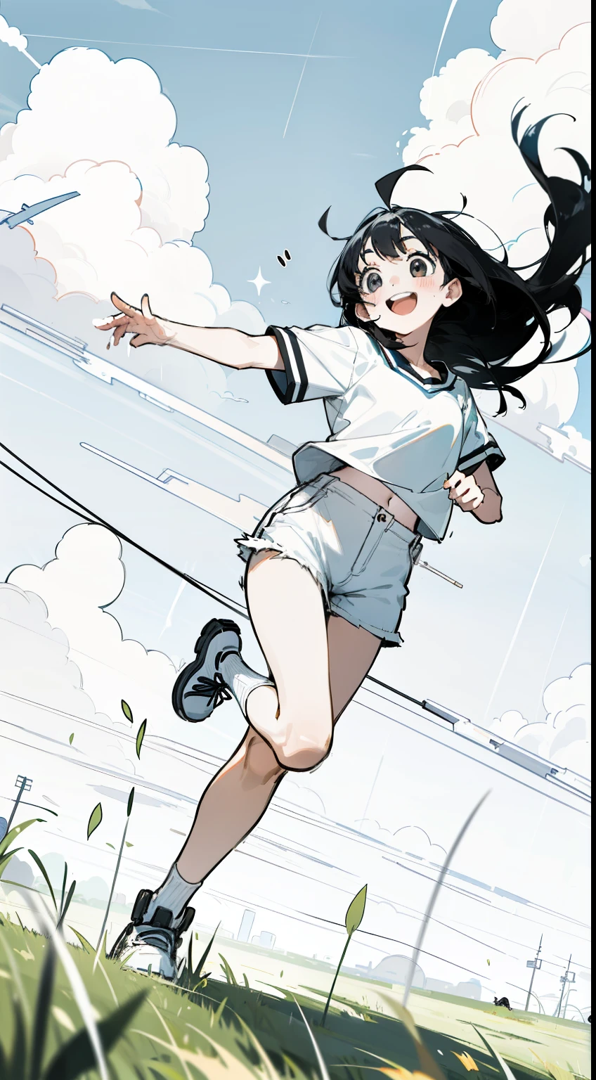 1girl,10s years,solo,smile,blush,black eyes,black hair,long hair,(((hair 2antennas))),white shirt,short sleeves,white shorts,running,full body,open mouth,grass,blue sky,clouds