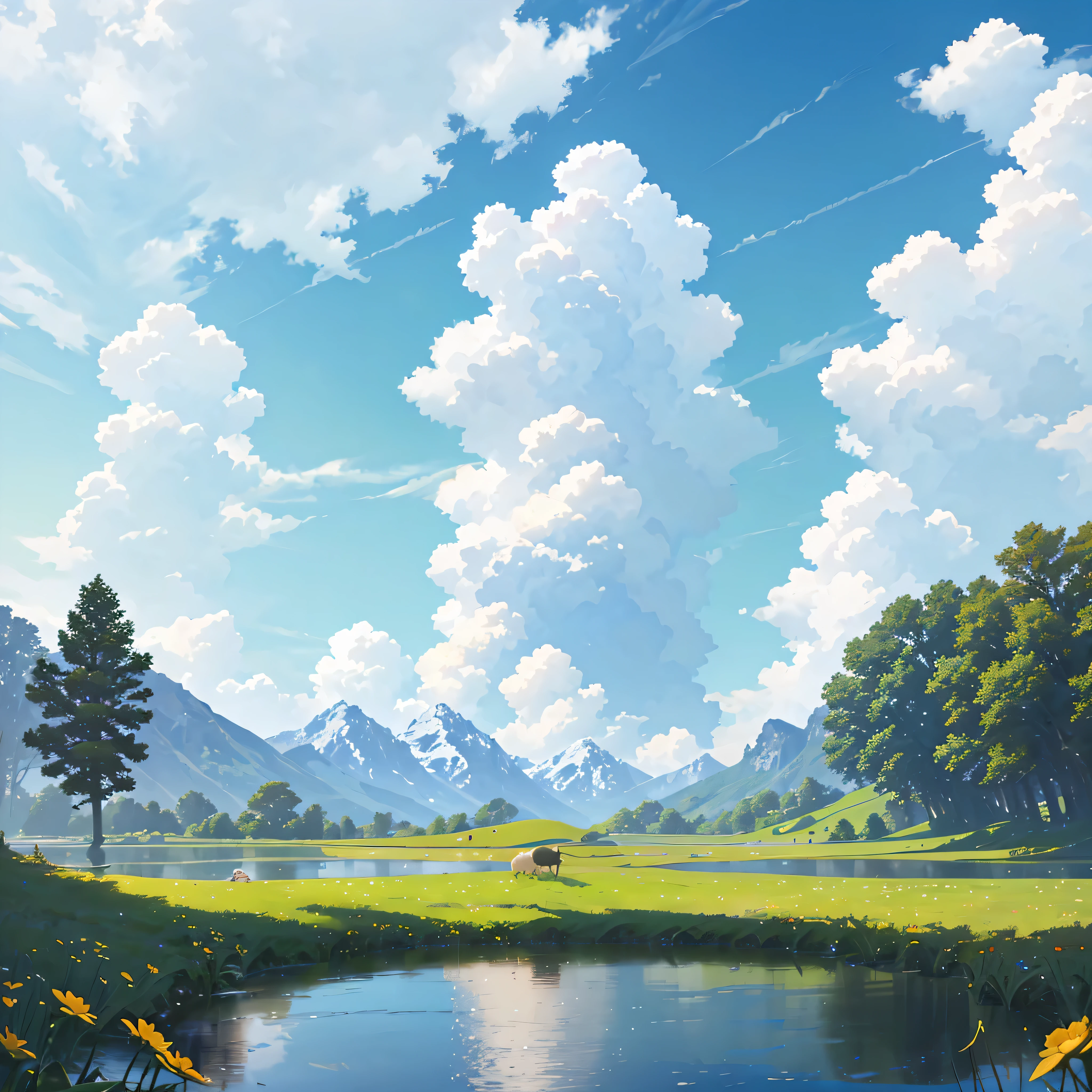 Summer, sun, sun light, meadows, a few small flowers, clear lakes, sheep, heaven, large clouds, blue sky, hot weather, HD detail, hyper-detail, cinematic, surrealism, soft light, deep field focus bokeh, distant vistas are snowy mountains, ray tracing, and surrealism. --v6