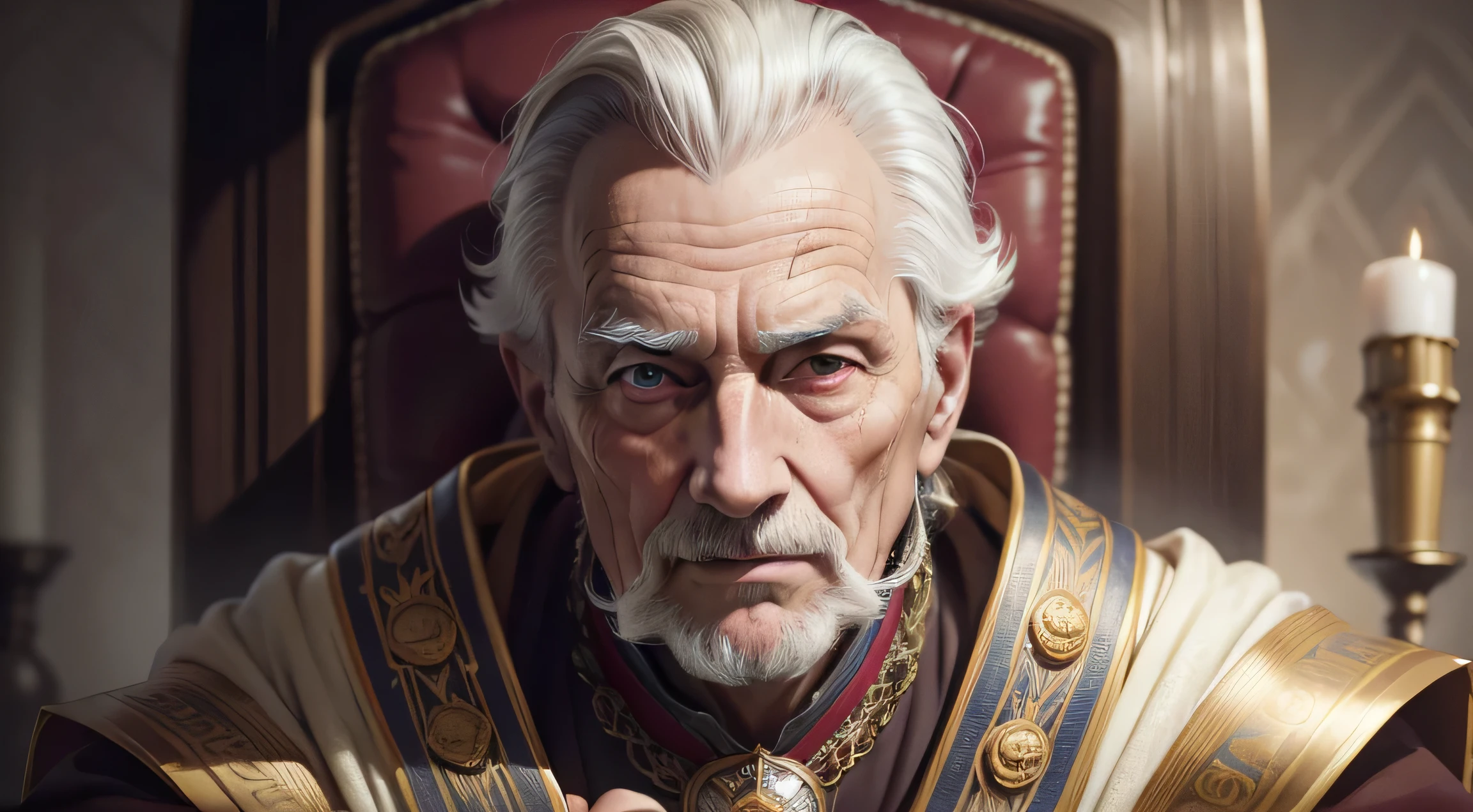 tmasterpiece: 1.2, Best quality), actual, (Authentic images, Complicated details, depth of fields), (1 elderly person, Alone), perfect lips, The content is very detailed, It's a perfect face, (skin dentition), throne behind background, Various hero poses, robe,badges,Class,looking at the camera in