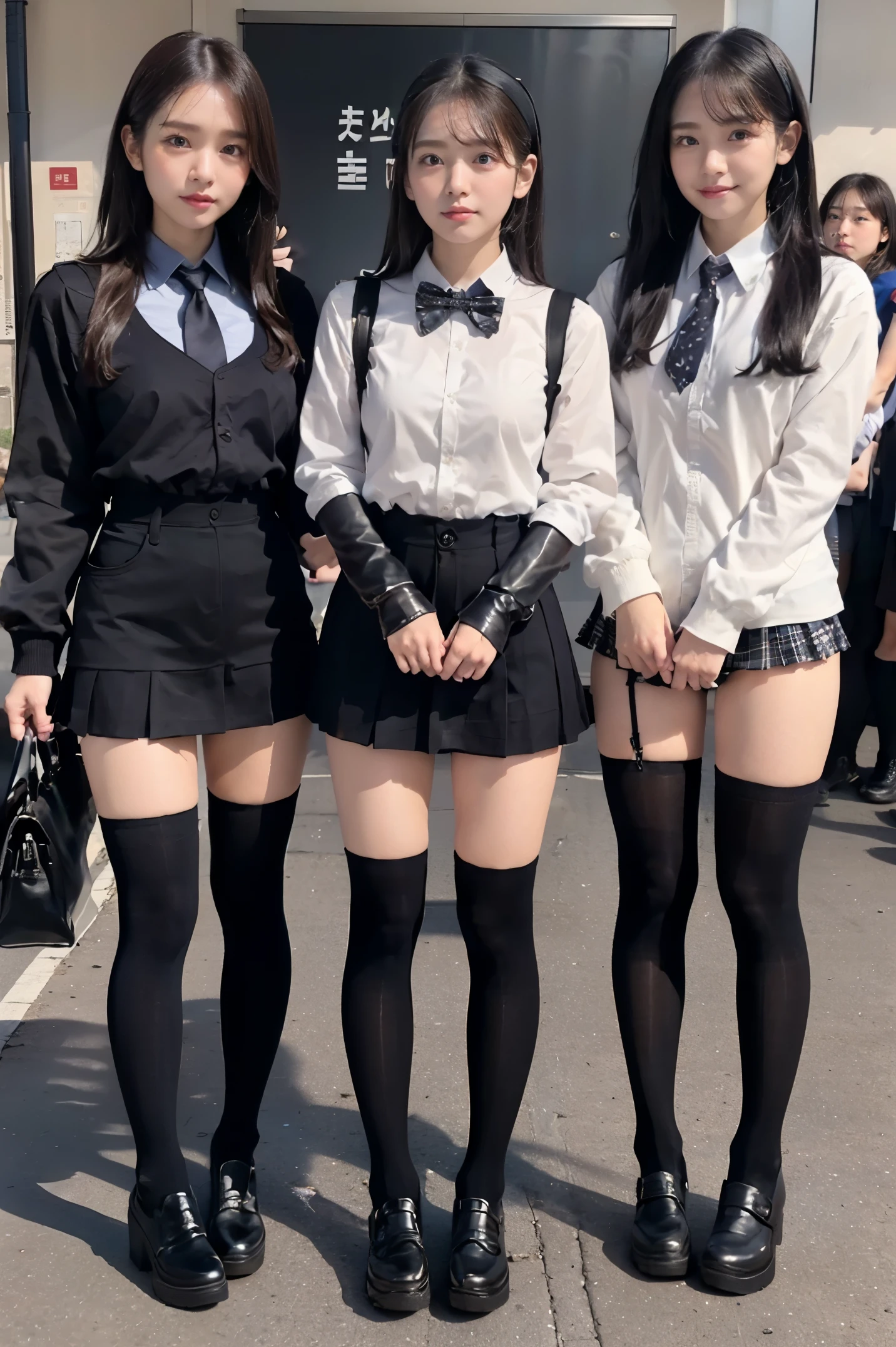 ((３full body photography of a person))、street snap、With a baby face wearing a micro miniskirt((Tall))There are 3 gal women of、(3 girls)、(japanese gal)、Phenomenally cute schoolgirl、skinny fit uniform、Winter clothes、Japanese school black uniform、((large udder))、(The shirt opens on the chest, exposing a lot of cleavage.)、Surreal、Wearing a dark blue uniform、full body Esbian、Nice skin、glistning skin、lovely thighs、((long legged))、(((wide thighs)))、((Micro Mini Skirt))、With garter、(Black knee-high socks that only the rubber part is not see-through)、(((all hands)(I definitely wear 5 denier black knee socks above the knee.)))、(I&#39;m wearing high heeled leather shoes)、乃木坂アイドル、韓国アイドル、Invite you inside、Inviting eyes