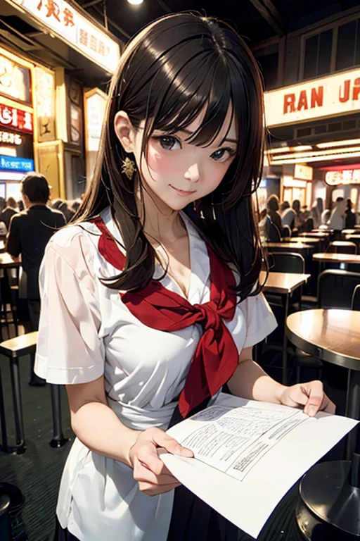 (8K), (Best Quality), (masutepiece: 1.2) At entertainment venues such as vaudeville theaters、A person flipping over a paper tag with the names of the current performers written on it.
