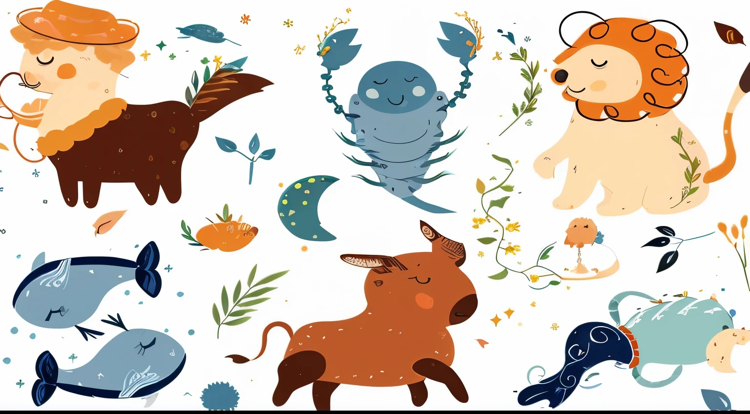 Zodiac Signs with cute animals and flowers, mythical creatures e caprichosas, Zodiac Signs, ilustrado em estilo caprichoso, Zodiac Sign, illustrations of animals, astrologia, O melhor no Adobe Stock, mythical creatures, alien plants and animals, cute illustration, personagens bonitos, cartoon illustration, various animals, seamless pattern design, full-colour illustration, digital illustation, criaturas fofas, Animais bonitos detalhados, Clipart