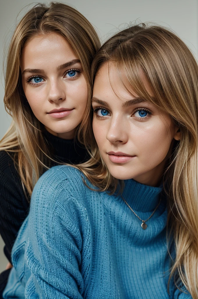 Ultra Gesicht Nahaufnahme, Schriftseite nach oben, 2Girls 18 years old, hugging, lange Haare, schauen sich gegenseitig in die Augen, blondes Haar, blaue Augen, Schulterfrei, Skinny sweaters, volle Lippen, Realistisch, Flirten miteinander, Nahaufnahme, Realismus, Detaillierte Augen, Hautunreinheiten, feine kleine Sommersprossen, natural skin, ohne Reflexion und Schatten im Gesicht, ohne Blendung, Ultra hohe Gesichtstextur, Farben, Realismus, 8K, Of course, Hyperdetailliertes Foto, fotoRealistisch, Foto, .RAW, Modellierung, Girl Model, Epische Werbung, Filmische Aufnahme, filmisch, handsome face, hot, sexy, keine Falten, (Blond 1.0), cozy, love
