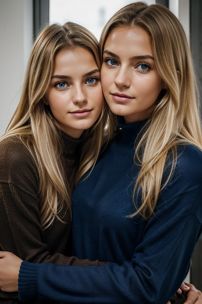 Ultra Gesicht Nahaufnahme, Schriftseite nach oben, 2Girls 18 years old, hugging, lange Haare, schauen sich gegenseitig in die Augen, blondes Haar, blaue Augen, Schulterfrei, Skinny sweaters, volle Lippen, Realistisch, Flirten miteinander, Nahaufnahme, Realismus, Detaillierte Augen, Hautunreinheiten, feine kleine Sommersprossen, natural skin, ohne Reflexion und Schatten im Gesicht, ohne Blendung, Ultra hohe Gesichtstextur, Farben, Realismus, 8K, Of course, Hyperdetailliertes Foto, fotoRealistisch, Foto, .RAW, Modellierung, Girl Model, Epische Werbung, Filmische Aufnahme, filmisch, handsome face, hot, sexy, keine Falten, (Blond 1.0), cozy, love