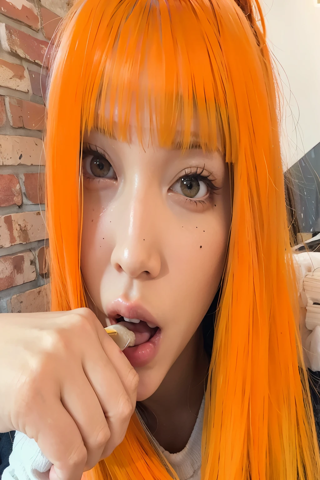 there is a woman with orange hair brushing her teeth, orange hair, cabelo laranja brilhante, O corte Hime, jossi do blackpink, Lalisa Manoban do Blackpink, bright orange hair, Lalisa Manobal, Parque Roseanne do Blackpink, Dom Yunjoo, long orange hair, Ulzzang, laranja extremamente coerente, pele laranja fofa, orange flowing hair