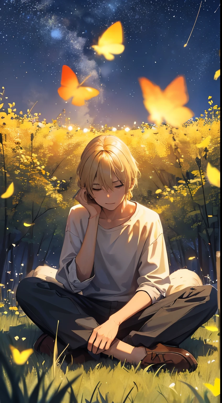 a guy with blond hair in a loose shirt and trousers sits cross-legged in the grass, head raised up;, A slight smile, Fireflies, Shining stars, night sky, detailing, 4k, hd, view from the grass, view from bottom