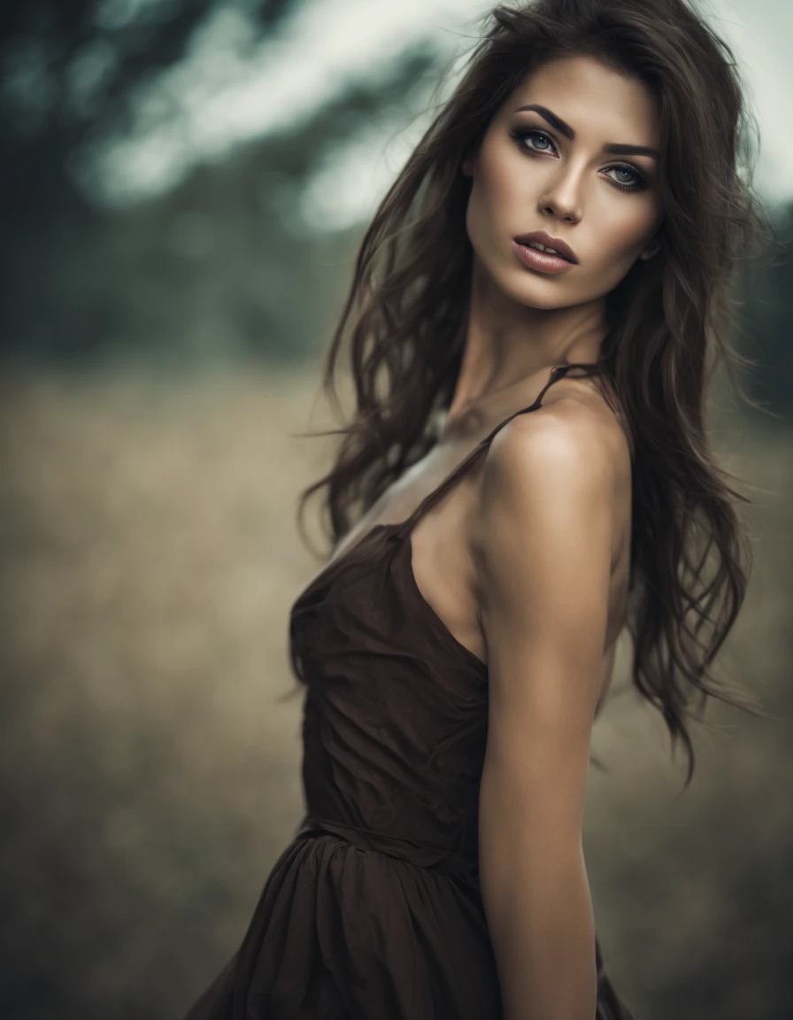 An amazing portrait of a beautiful brunette woman in dark dress, dark brown eyes, dark hair, straight hair, ponytail, great facial feature, perfect eyes, ultra realistic eyes, perfect face, perfect body, cinematic, color analog film photo, intimate posing, realistic hair, ((Perfect Face)), ((Sexy Face)), full shot of a sexy beautiful girl, Photograph, photorealistic, Evocative Pose, ((cute)), sexy pose, (Looking at Viewer), artgerm, cinematic lighting, very high detailed, foggy background, shot on Fujifilm Superia 400, Short Light, 32k, cinematic composition, professional color grading, film grain, atmosphere, wondrous, very stormy . faded film, desaturated, 35mm photo, grainy, vignette, vintage, Kodachrome, Lomography, stained, highly detailed, found footage , film grain, photography, photoshoot, cinematic lighting, volumetric lighting, insanely detailed, hot, sexy, very seductive, super model, (photorealistic:1.3), (highest quality:1.3), (film grain:1.3), ( world's best photography:1.rofessional Photo:1.3), (detailed details:1.3), (cinematic light:1.3), ( cinematic color:1.3), maximum depth of field, film photography, ( intricate details:1), (hyperdetailed:1), (((SFW))), ((forward facing)), natural breasts, sexy clothes, beautiful lips, light skin