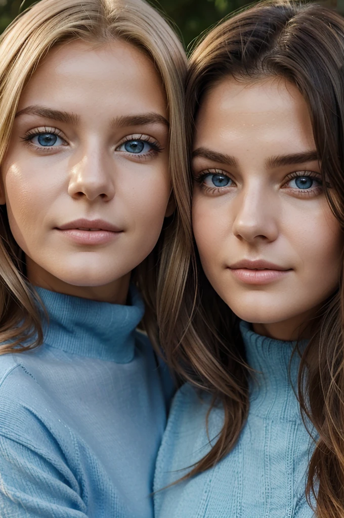 Ultra Gesicht Nahaufnahme, Schriftseite nach oben, 2Girls 18 years old, hugging, lange Haare, schauen sich gegenseitig in die Augen, blondes Haar, blaue Augen, Schulterfrei, Skinny sweaters, volle Lippen, Realistisch, Flirten miteinander, Nahaufnahme, Realismus, Detaillierte Augen, Hautunreinheiten, feine kleine Sommersprossen, natural skin, ohne Reflexion und Schatten im Gesicht, ohne Blendung, Ultra hohe Gesichtstextur, Farben, Realismus, 8K, Of course, Hyperdetailliertes Foto, fotoRealistisch, Foto, .RAW, Modellierung, Girl Model, Epische Werbung, Filmische Aufnahme, filmisch, handsome face, hot, sexy, keine Falten, (Blond 1.0), cozy, love