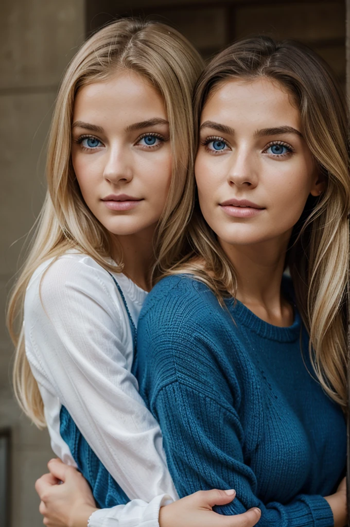 Ultra Gesicht Nahaufnahme, Schriftseite nach oben, 2Girls 18 years old, hugging, lange Haare, schauen sich gegenseitig in die Augen, blondes Haar, blaue Augen, Schulterfrei, Skinny sweaters, volle Lippen, Realistisch, Flirten miteinander, Nahaufnahme, Realismus, Detaillierte Augen, Hautunreinheiten, feine kleine Sommersprossen, natural skin, ohne Reflexion und Schatten im Gesicht, ohne Blendung, Ultra hohe Gesichtstextur, Farben, Realismus, 8K, Of course, Hyperdetailliertes Foto, fotoRealistisch, Foto, .RAW, Modellierung, Girl Model, Epische Werbung, Filmische Aufnahme, filmisch, handsome face, hot, sexy, keine Falten, (Blond 1.0), cozy, love