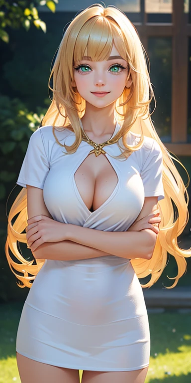 baby face, very long gold hair,blunt bangs:1.5,messy hair:1.5, (photorealistic:1.4), (masterpiece, sidelights, exquisite beautiful eyes: 1.5), masterpiece*portrait, realistic, 3D face,,kawaii face,front view: 1.5、 (glowing green eyes:1.2),plump face:1.5,(tareme:1.5)、(happy:1.5),Rosy Mouth,Slim Body,abs, shiny hair, shiny skin: 1.5、large breasts:1.3,solo,(Erotic forward bending posture:1.5)、(very short length white shirts with open chest)、(charactor focus:1.5、portrait)、cowboy shot