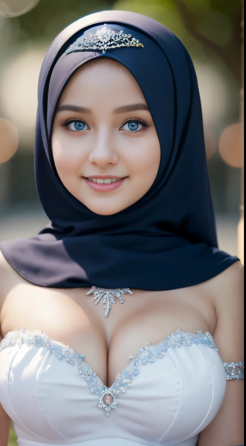 Hyper realistic, Beautiful, cute Face, ************ russian ****ta Girl, blue eyes, (wearing hijab), Detailed Strapless white Gothic Dress, tiara, cleavage cutout, Rounded Breast,slightly Chubby , luxury necklace, White Skin, Smiling, Dark City Background, mid shot, upper body, Perfect Potrait, Bokeh Effect, Look at Viewer, Armpit, Perfect Eye, Perfect Hand, Perfect Finger, Bracelet, Ring, (breastssize:1.2), ((adorable:1.2)), ((masterpiece:1.1)), ((bokeh:1.2)),