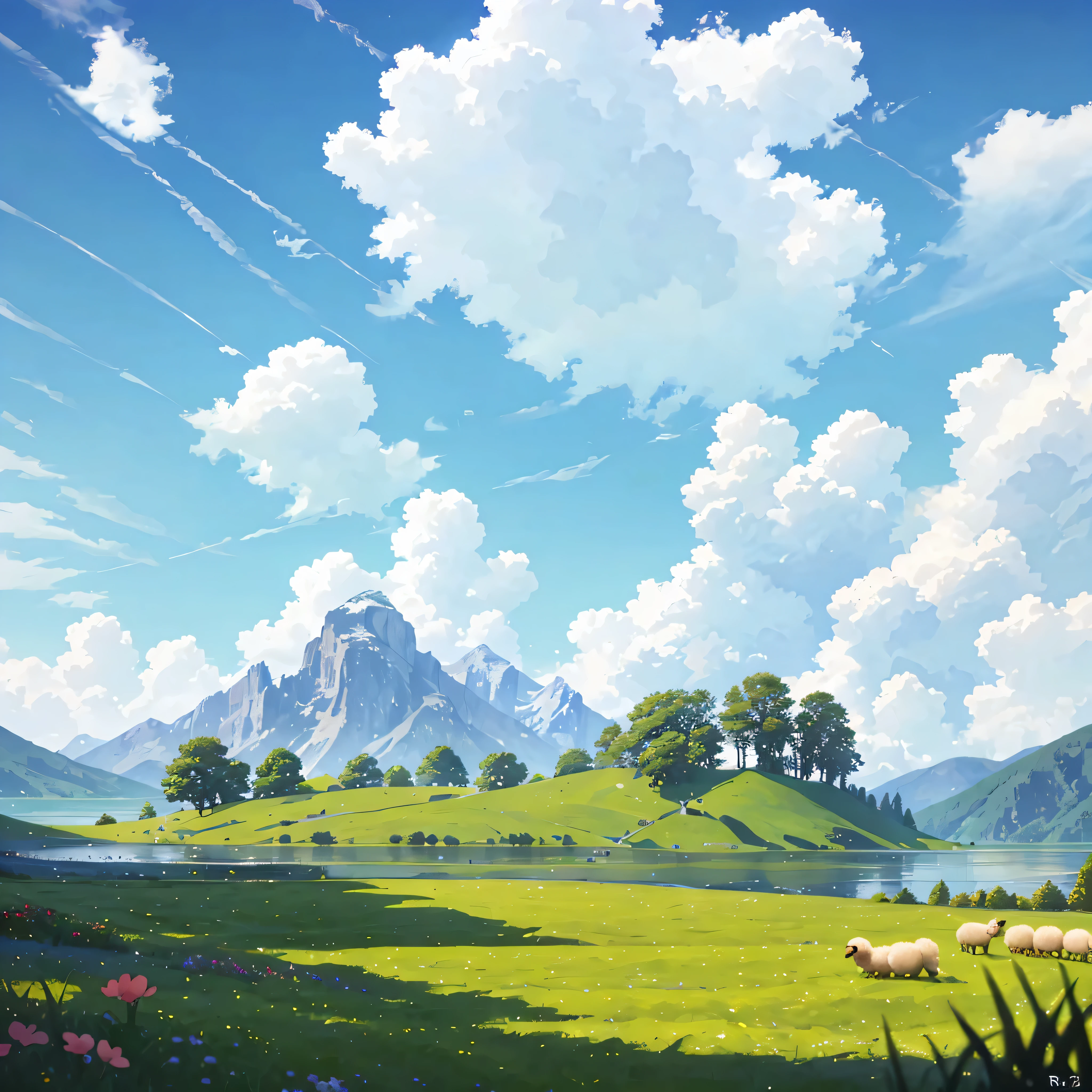 Summer, sun, sun light, meadows, a few small flowers, clear lakes, sheep, heaven, large clouds, blue sky, hot weather, HD detail, hyper-detail, cinematic, surrealism, soft light, deep field focus bokeh, distant vistas are snowy mountains, ray tracing, and surrealism. --v6