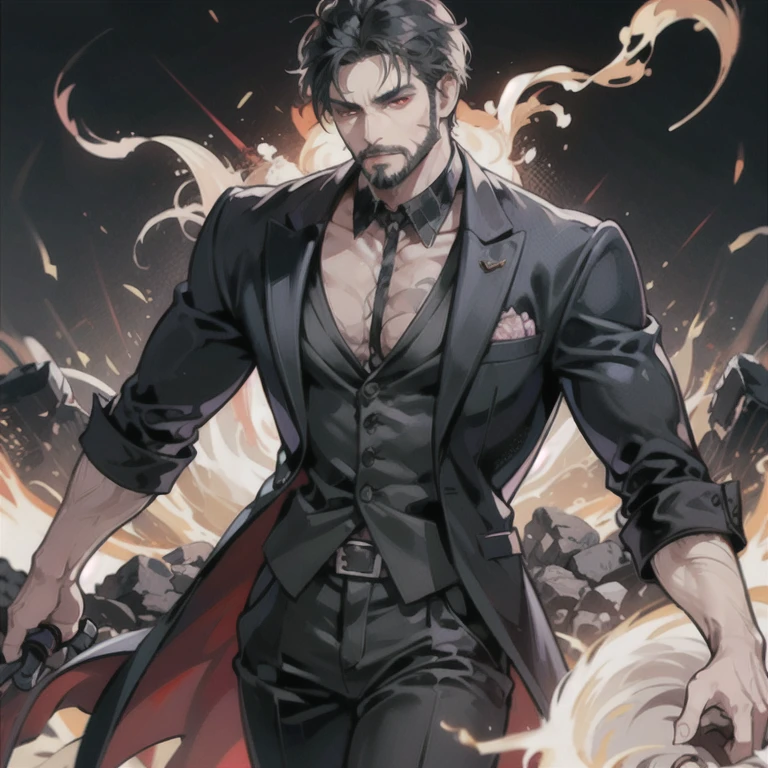 Man with a beard and incredibly muscular, messy black hair, wearing a suit while smoking, red eyes and sharp teeth, dark-skinned and with an evil face, serious and sadistic