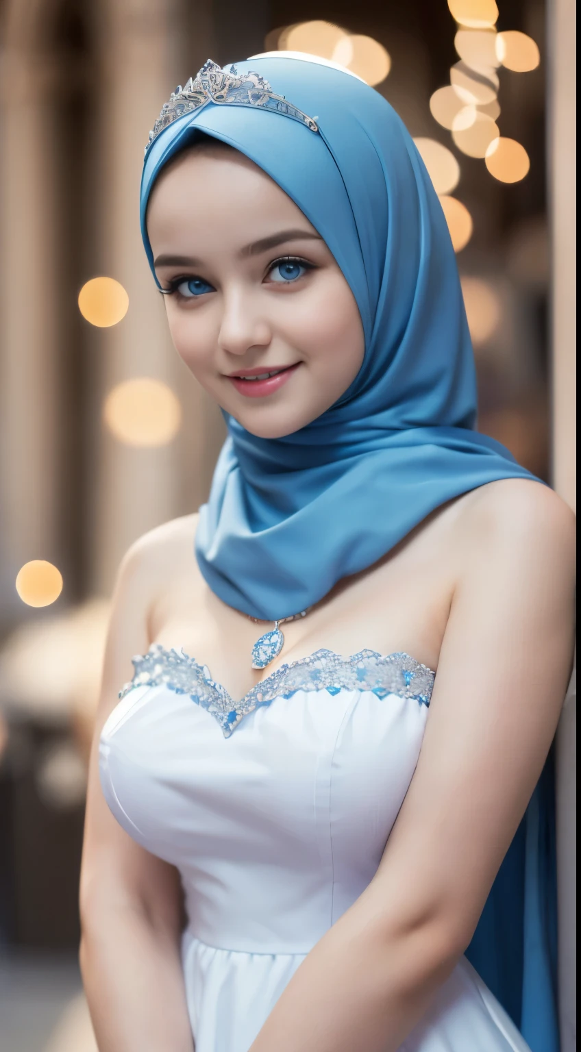 Hyper realistic, Beautiful, cute Face, ************ russian ****ta Girl, blue eyes, (wearing hijab), Detailed Strapless white Gothic Dress, tiara, cleavage cutout, Rounded Breast,slightly Chubby , luxury necklace, White Skin, Smiling, Dark City Background, mid shot, upper body, Perfect Potrait, Bokeh Effect, Look at Viewer, Armpit, Perfect Eye, Perfect Hand, Perfect Finger, Bracelet, Ring, (breastssize:1.2), ((adorable:1.2)), ((masterpiece:1.1)), ((bokeh:1.2)),