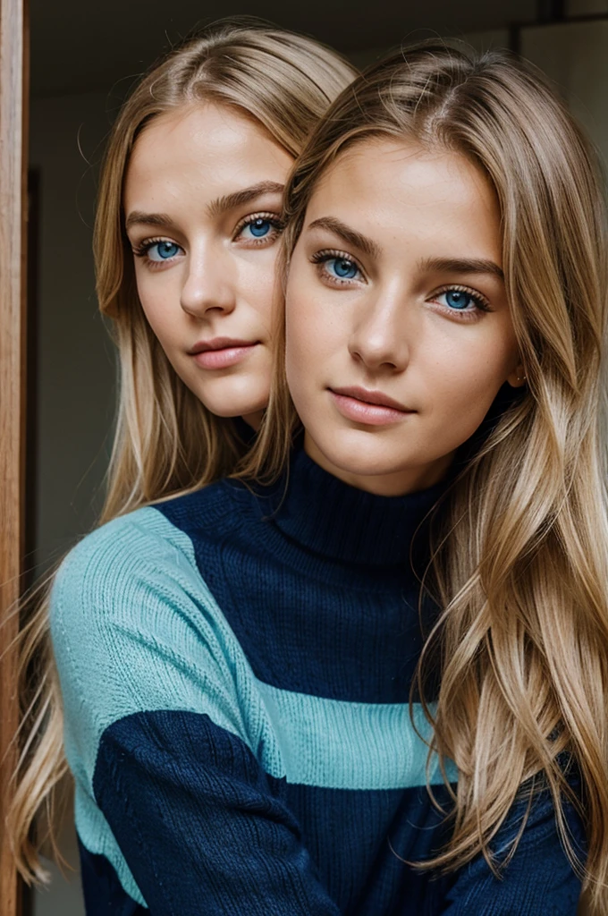 Ultra Gesicht Nahaufnahme, Schriftseite nach oben, 2Girls 18 years old, hugging, lange Haare, schauen sich gegenseitig in die Augen, blondes Haar, blaue Augen, Schulterfrei, Skinny sweaters, volle Lippen, Realistisch, Flirten miteinander, Nahaufnahme, Realismus, Detaillierte Augen, Hautunreinheiten, feine kleine Sommersprossen, natural skin, ohne Reflexion und Schatten im Gesicht, ohne Blendung, Ultra hohe Gesichtstextur, Farben, Realismus, 8K, Of course, Hyperdetailliertes Foto, fotoRealistisch, Foto, .RAW, Modellierung, Girl Model, Epische Werbung, Filmische Aufnahme, filmisch, handsome face, hot, sexy, keine Falten, (Blond 1.0), cozy, love