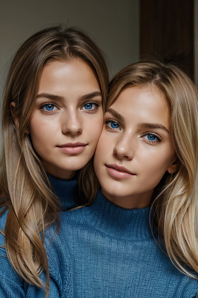 Ultra Gesicht Nahaufnahme, Schriftseite nach oben, 2Girls 18 years old, hugging, lange Haare, schauen sich gegenseitig in die Augen, blondes Haar, blaue Augen, Schulterfrei, Skinny sweaters, volle Lippen, Realistisch, Flirten miteinander, Nahaufnahme, Realismus, Detaillierte Augen, Hautunreinheiten, feine kleine Sommersprossen, natural skin, ohne Reflexion und Schatten im Gesicht, ohne Blendung, Ultra hohe Gesichtstextur, Farben, Realismus, 8K, Of course, Hyperdetailliertes Foto, fotoRealistisch, Foto, .RAW, Modellierung, Girl Model, Epische Werbung, Filmische Aufnahme, filmisch, handsome face, hot, sexy, keine Falten, (Blond 1.0), cozy, love