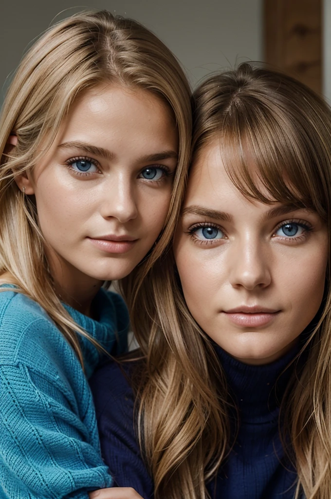Ultra Gesicht Nahaufnahme, Schriftseite nach oben, 2Girls 18 years old, hugging, lange Haare, schauen sich gegenseitig in die Augen, blondes Haar, blaue Augen, Schulterfrei, Skinny sweaters, volle Lippen, Realistisch, Flirten miteinander, Nahaufnahme, Realismus, Detaillierte Augen, Hautunreinheiten, feine kleine Sommersprossen, natural skin, ohne Reflexion und Schatten im Gesicht, ohne Blendung, Ultra hohe Gesichtstextur, Farben, Realismus, 8K, Of course, Hyperdetailliertes Foto, fotoRealistisch, Foto, .RAW, Modellierung, Girl Model, Epische Werbung, Filmische Aufnahme, filmisch, handsome face, hot, sexy, keine Falten, (Blond 1.0), cozy, love
