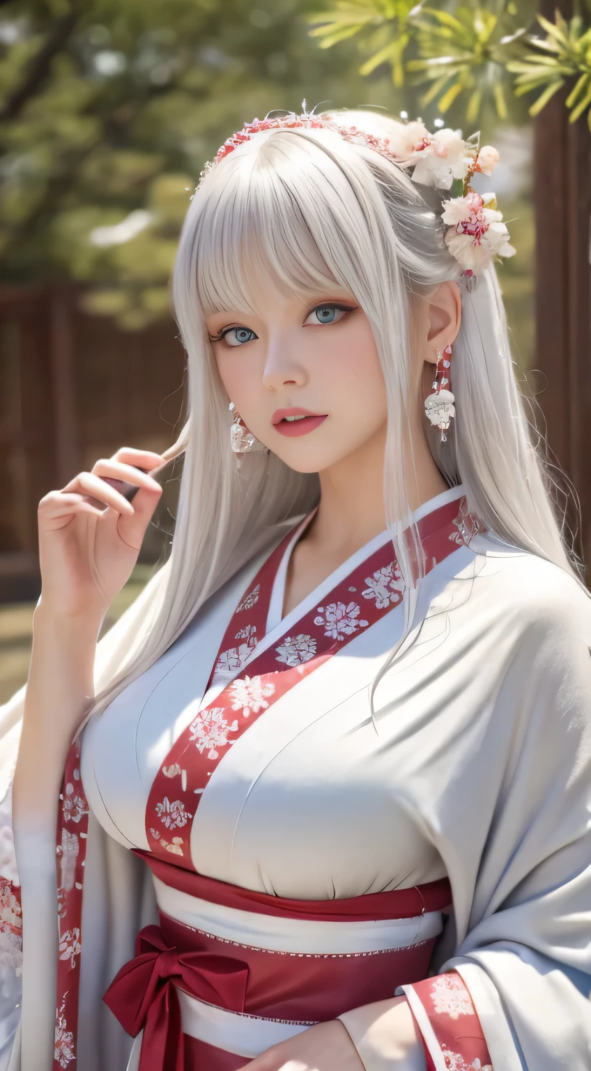 Photorealistic, High resolution, 1 Women, Solo, hips up high,(Lolita costume), Beautiful eyes, White hair, Ringed Eyes, (Yuki,cloaks,)、Japanese new year kimono、It's snowing、large full breasts