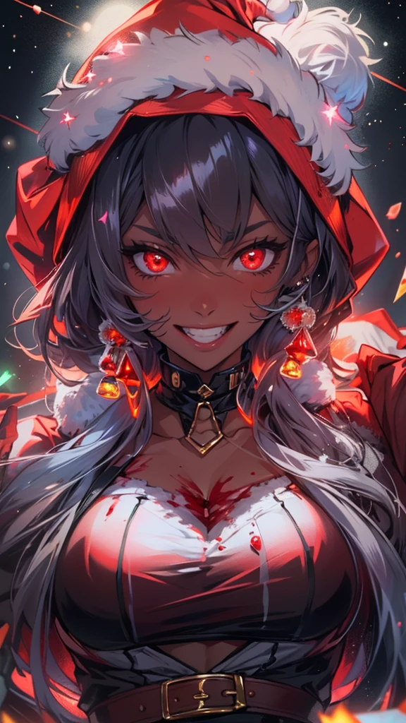 1girl, dark skin, at midnight, large breasts, solo, night, ((bloody christmas)), black hot pants, black crop top, (((santa jacket))), Short hair, (floating hair), navel, red eyes, off shoulder, choker, evil grin, jewelry, looking at viewer, earrings, open clothes, white hair, cleavage, evil smile, midriff, bare shoulders, collarbone, sleeveless, tanned skin, ((shiny body)), shiny skin, darkness, light rays, sparkle, dark skin, at midnight, heavy blood rain, return blood, glowing red eyes, night, ((blood)), blood splatter, gang, Blood Splash, horror, (((glowing red moon))), blood rain, dark, full of blood, ((red moon)), bathe in blood, blood is falling, blood on body, blood on face, blood flying, bathe in blood, bloody, gang girl, (((christmas tree))), ((glow light:1.4)), ((lens flare:1.4)), ((light particles:1.4)), ((iridescent light:1.3)), (bokeh:1.2), gift box, ((chrismas snow)), lamppost, ((snow)), ((christmas)), (((red sclera))), (((((low angle))))), (professional lighting), (((((from below))))), (((((sleeves past wrists))))), ((((crazy smile)))), (((Lustrous skin:1.5,bright skin: 1.5,skin tanned,Shiny skin,very Shiny skin,Shiny body,plastic glitter skin,exaggerated Shiny skin))), Detailed background:1.25), (Best Quality),(High resolution),(Sharp Focus),(ultra-detailliert),(Extremely detailed),(Very high quality artwork),8K_Wallpaper,(Extremely detailed CG 8K),(非常に細かい8K CG),((hyper super ultra-detailliert perfect piece)),flawless,(((masutepiece))),Illustration,Vibrant colors,(Convoluted),High contrast,Selective lighting,double exposure,nffsw (High dynamic range),Post-processing,