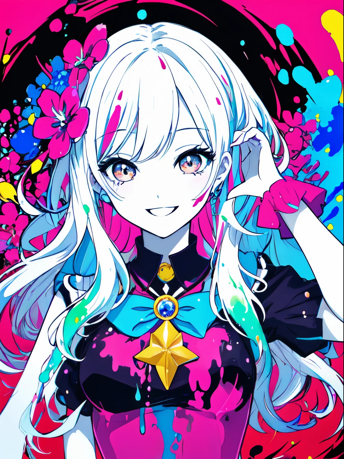 A bright and sparkling girl, Smile, Happy, Attractive, Cool, Fashionable, Beautiful, masutepiece, Best Quality, Rich color background, Attractive background, Colorful background, splashed color, Splash paint