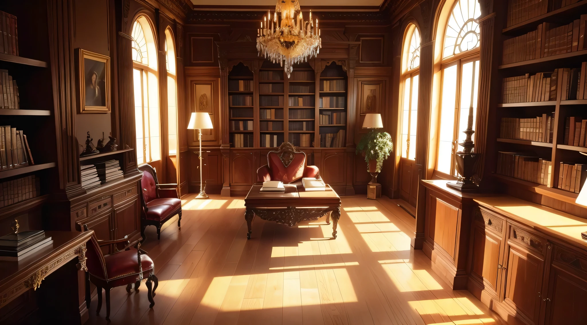 Best Quality, hight resolution, Ultra-detailed, european exotic luxury library, close up view from the wall, depth of fields, bookcase, ornate decorations, Antique furniture, Golden accent, stained glass window, Intricate carving, vintage chandelier, Cozy reading corner, leather binding, Flickering candlelight, velvet drapes, Polished wooden floors, Rich color palette, Sunlight streaming through the window, Tranquility