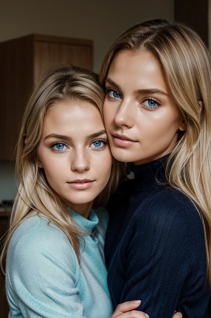 Ultra Gesicht Nahaufnahme, Schriftseite nach oben, 2Girls 18 years old, hugging, lange Haare, schauen sich gegenseitig in die Augen, blondes Haar, blaue Augen, Schulterfrei, Skinny sweaters, volle Lippen, Realistisch, Flirten miteinander, Nahaufnahme, Realismus, Detaillierte Augen, Hautunreinheiten, feine kleine Sommersprossen, natural skin, ohne Reflexion und Schatten im Gesicht, ohne Blendung, Ultra hohe Gesichtstextur, Farben, Realismus, 8K, Of course, Hyperdetailliertes Foto, fotoRealistisch, Foto, .RAW, Modellierung, Girl Model, Epische Werbung, Filmische Aufnahme, filmisch, handsome face, hot, sexy, keine Falten, (Blond 1.0), cozy, love