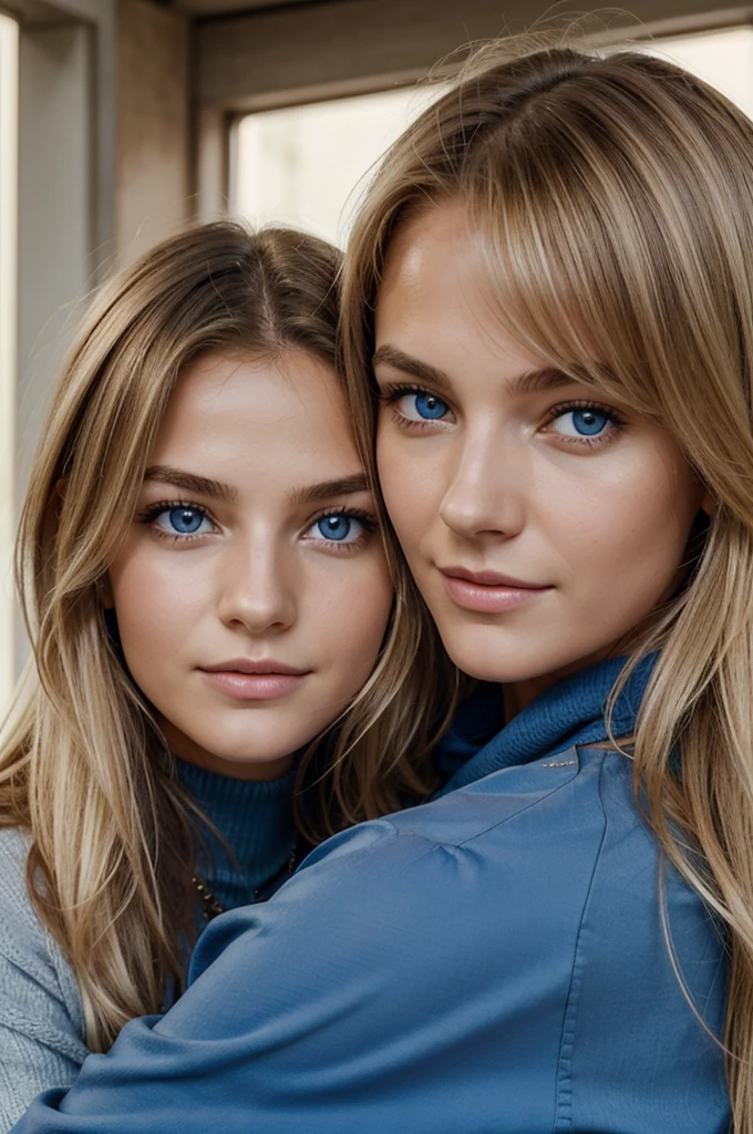 Ultra Gesicht Nahaufnahme, Schriftseite nach oben, 2Girls 18 years old, hugging, lange Haare, schauen sich gegenseitig in die Augen, blondes Haar, blaue Augen, Schulterfrei, Skinny sweaters, volle Lippen, Realistisch, Flirten miteinander, Nahaufnahme, Realismus, Detaillierte Augen, Hautunreinheiten, feine kleine Sommersprossen, natural skin, ohne Reflexion und Schatten im Gesicht, ohne Blendung, Ultra hohe Gesichtstextur, Farben, Realismus, 8K, Of course, Hyperdetailliertes Foto, fotoRealistisch, Foto, .RAW, Modellierung, Girl Model, Epische Werbung, Filmische Aufnahme, filmisch, handsome face, hot, sexy, keine Falten, (Blond 1.0), cozy, love