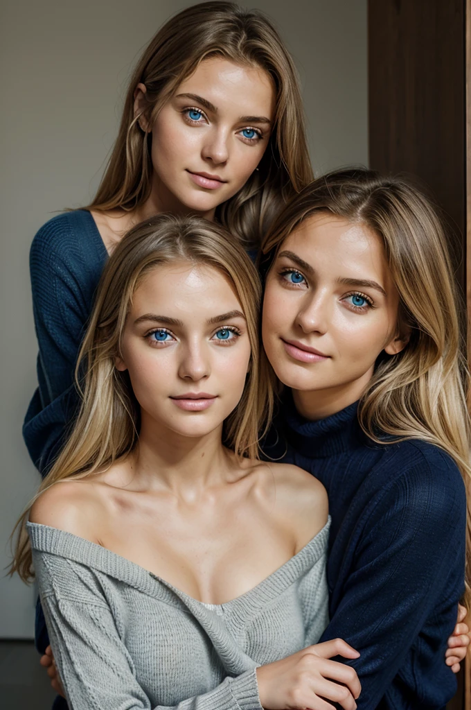 Ultra Gesicht Nahaufnahme, Schriftseite nach oben, 2Girls 18 years old, hugging, lange Haare, schauen sich gegenseitig in die Augen, blondes Haar, blaue Augen, Schulterfrei, Skinny sweaters, volle Lippen, Realistisch, Flirten miteinander, Nahaufnahme, Realismus, Detaillierte Augen, Hautunreinheiten, feine kleine Sommersprossen, natural skin, ohne Reflexion und Schatten im Gesicht, ohne Blendung, Ultra hohe Gesichtstextur, Farben, Realismus, 8K, Of course, Hyperdetailliertes Foto, fotoRealistisch, Foto, .RAW, Modellierung, Girl Model, Epische Werbung, Filmische Aufnahme, filmisch, handsome face, hot, sexy, keine Falten, (Blond 1.0), cozy, love