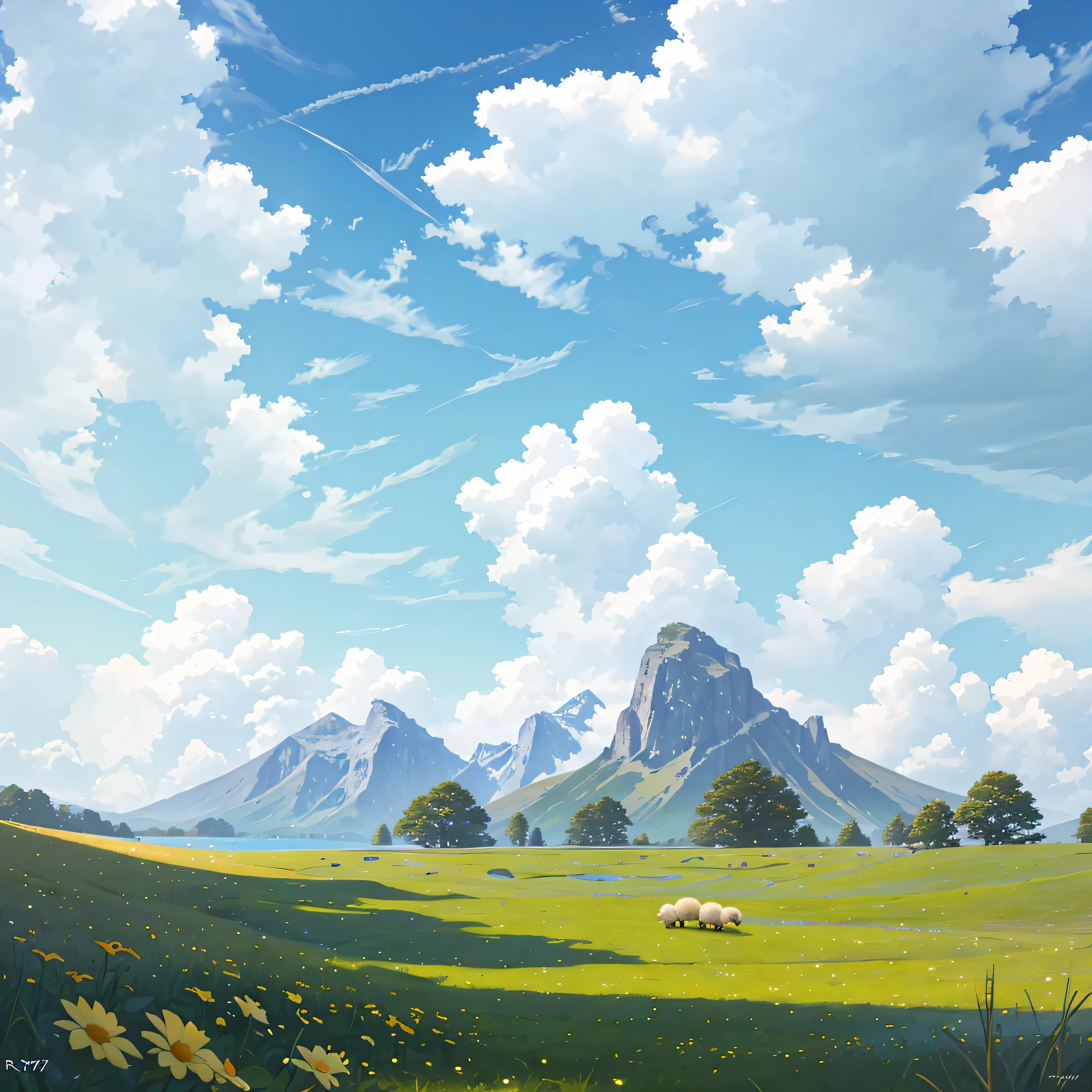 Summer, sun, sun light, meadows, a few small flowers, clear lakes, sheep, heaven, large clouds, blue sky, hot weather, HD detail, hyper-detail, cinematic, surrealism, soft light, deep field focus bokeh, distant vistas are snowy mountains, ray tracing, and surrealism. --v6