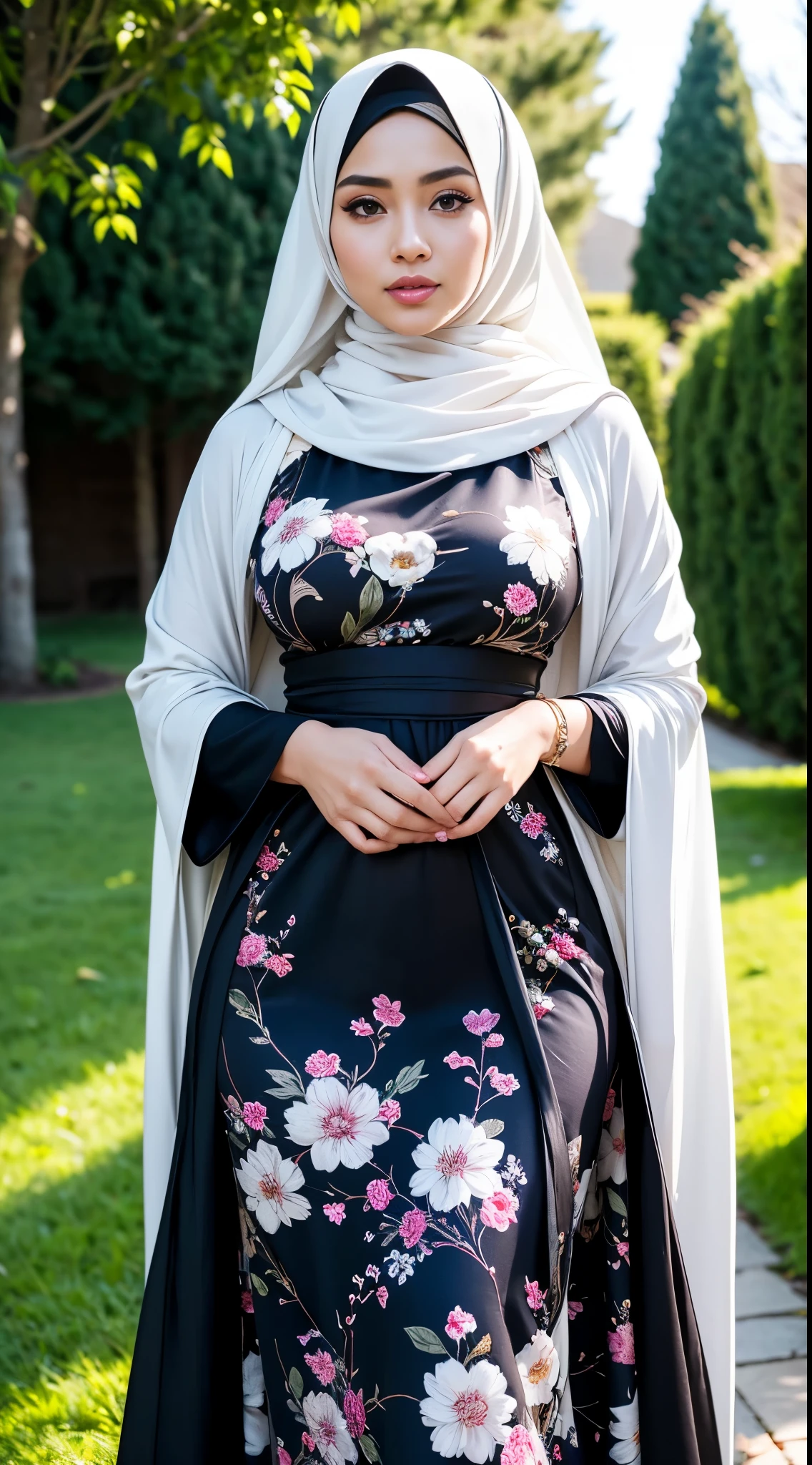 ( Close Up),RAW, Best quality, high resolution, masterpiece: 1.3), beautiful Malay woman in hijab, Masterpiece, perfect body, Big breasts, thick thighs, beautiful big eyes, mole under the eyes, long eyelashes, big eyes, beutifull face, Soft smile, woman wearing a black and white floral dress, stylish dark dress, wonderful masterpiece, long dress with apron, long dress female, very beautiful and elegant, beautiful masterpiece, modest flowing gown, very beautiful masterpiece, full covered dress, beautiful soft silky dress, stylish dress, dark grey, elegant and extremely ornamental , illustrious clothes Soft turtleneck, evening walk, garden park, Great lighting, Bright colors, Clean lines