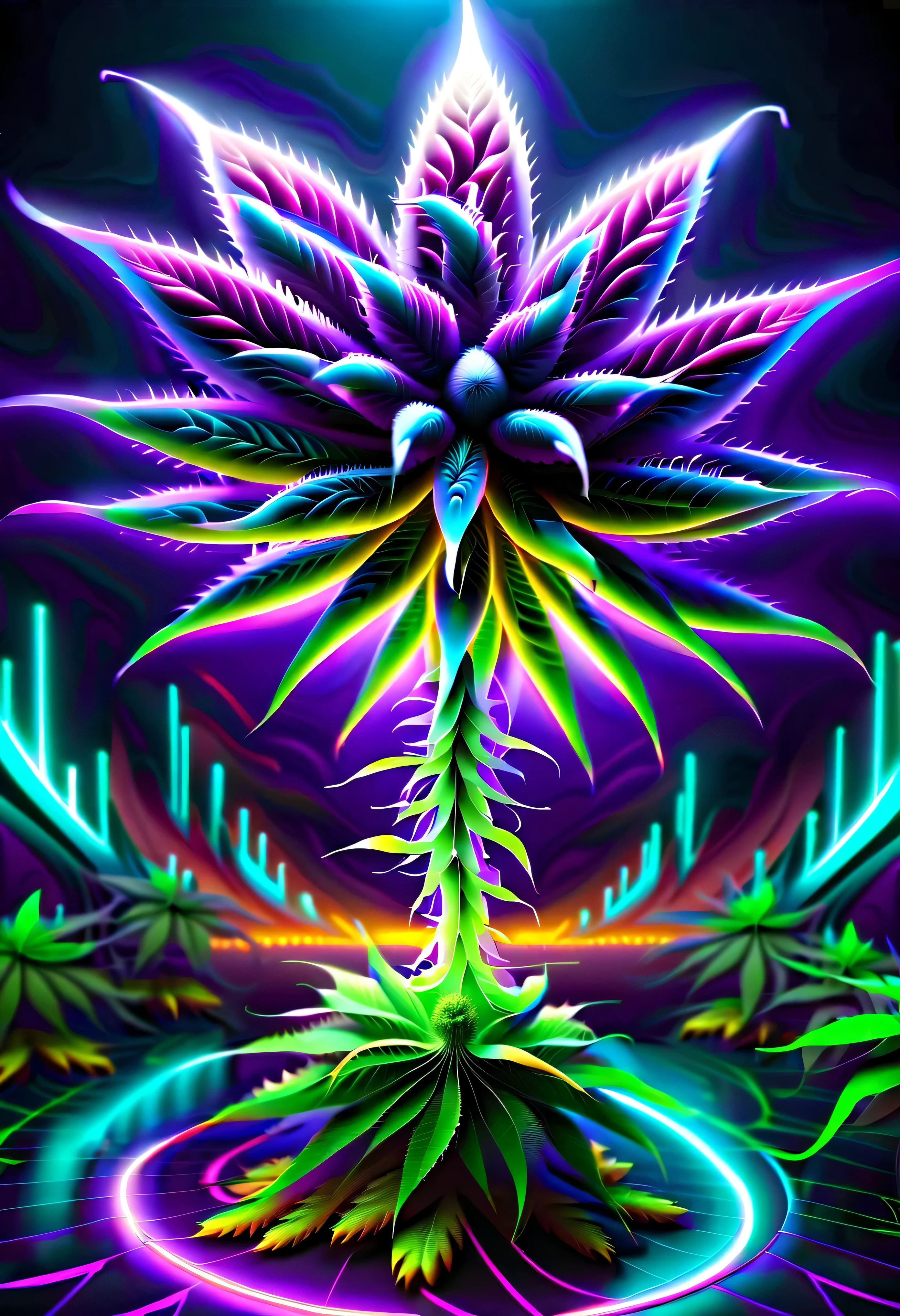 pintura cgi abstrata, epic surreal cannabis flower, divino, plantas de fantasia sombria, beauty glow neuron fruit, flores bioluminescentes ao redor, mundo escuro do mundo maravilhoso, bioluminescent radiation, many cannabis flowers have a vision, vision of many cynicisms, loucura, frenesi, flor louca, Arrebatamento, brilho do fanatismo, oil painting, spatula and brush strokes supplement, intrincado, maluco, brilho de beleza assustador, alto contraste, profundidade do mar inspirada, cores escuras ricas, high resolution, hyper realistic, trabalho de pincel de detalhe, stunning intrincado detail 8k rendering, alta qualidade, Qualidade Superior, best quality, verdadeira obra-prima, masterpiece lighting, cinematic angle, glass floor, (cannabis flower), (muito purple neon)