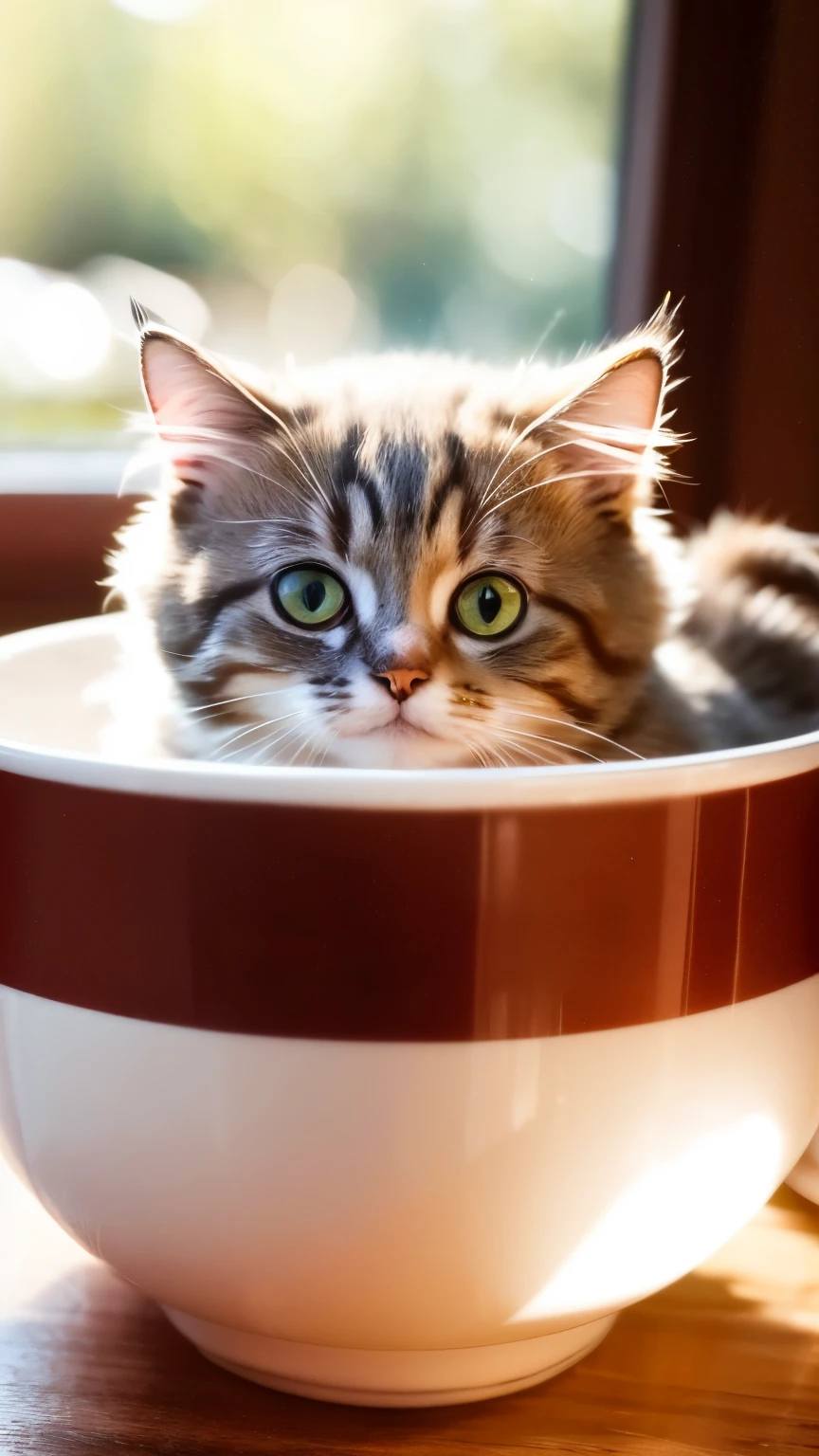 Cat, (Himalayan), (Small)))), in a teacup, Face, Front paws out, 8K, Professional photo, Delicate, Clear, On the table, Inside the house, Sunshine, Light Leak, Masterpiece, ((Pretty))), Fashionable Teacup, (Reality), Plush Toy, Round Pupils